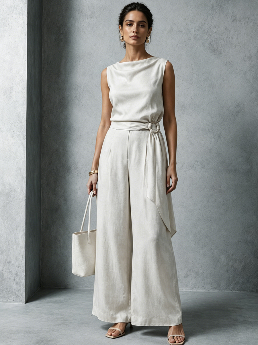 Women's Relaxed Style Off-White Cotton Linen Culottes With Round Neck And Tie-Up Sleeveless Wide-Leg Jumpsuit MDZ1652F3GMJ