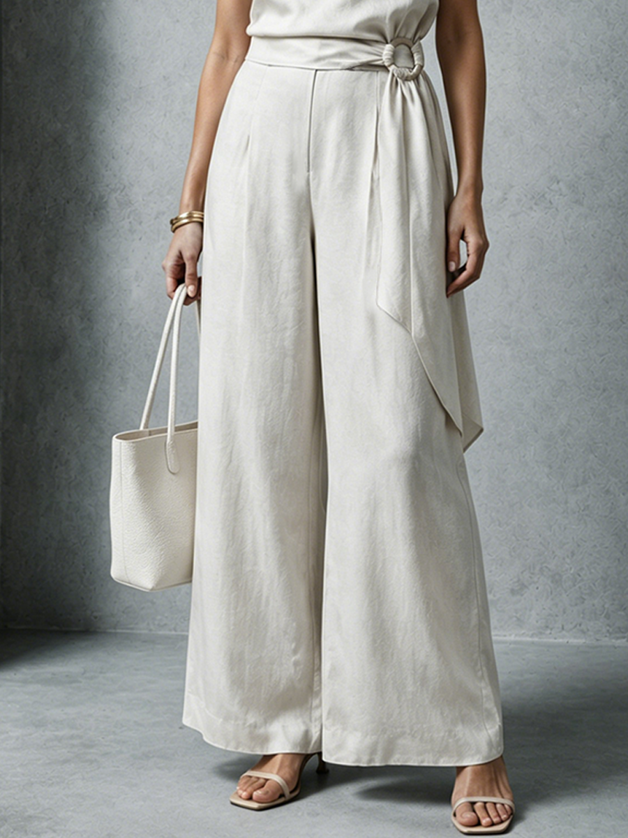 Women's Relaxed Style Off-White Cotton Linen Culottes With Round Neck And Tie-Up Sleeveless Wide-Leg Jumpsuit MDZ1652F3GMJ
