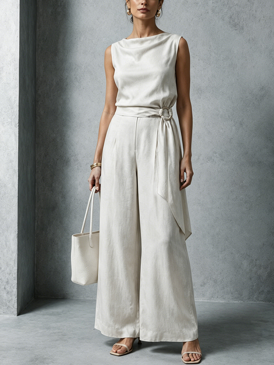 Women's Relaxed Style Off-White Cotton Linen Culottes With Round Neck And Tie-Up Sleeveless Wide-Leg Jumpsuit MDZ1652F3GMJ
