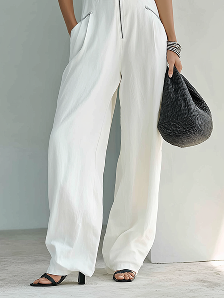 Women's Minimalist Linen-Blend Sleeveless Jumpsuit With Front Zip And Lace-Trimmed V-Neck MDZ1799F6ZRK