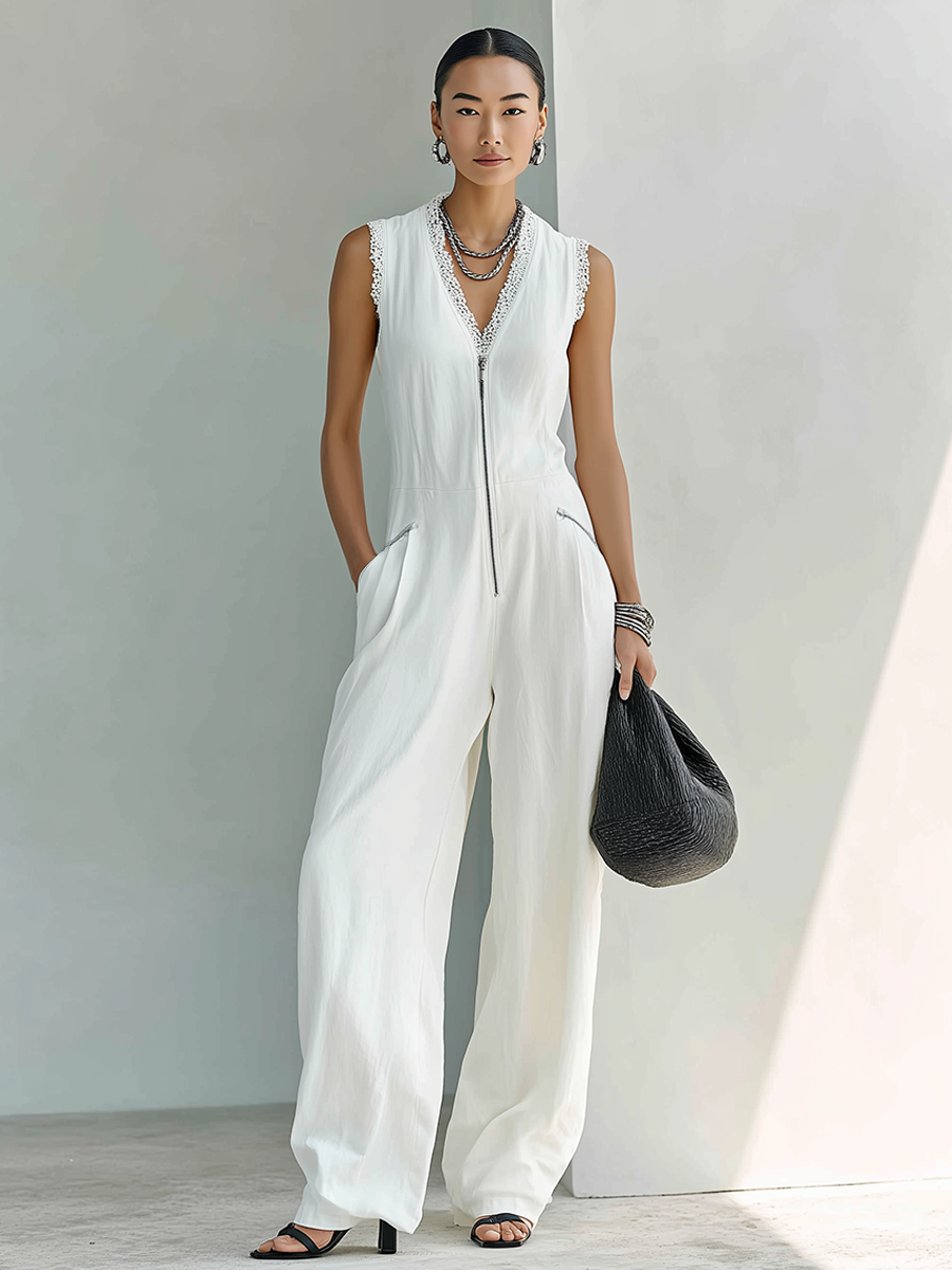 Women's Minimalist Linen-Blend Sleeveless Jumpsuit With Front Zip And Lace-Trimmed V-Neck MDZ1799F6ZRK