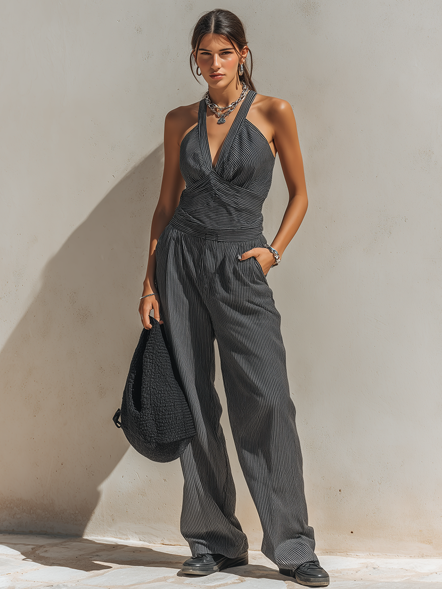 Women's Minimalist Linen-Blend Striped Sleeveless Jumpsuit With Halter Deep-V Neck And Twisted Waist MDZ1716F2ZRK
