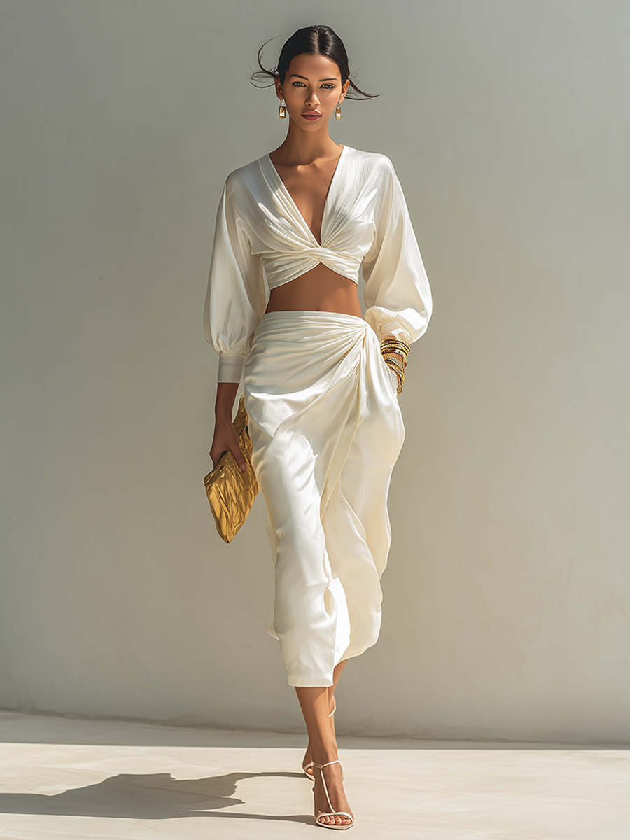Women's Off-White Satin V-Neck Twist-Front Crop Top & Wrap Midi Skirt Set MDZ1725F4ZRK