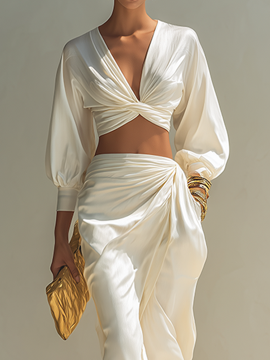 Women's Off-White Satin V-Neck Twist-Front Crop Top & Wrap Midi Skirt Set MDZ1725F4ZRK