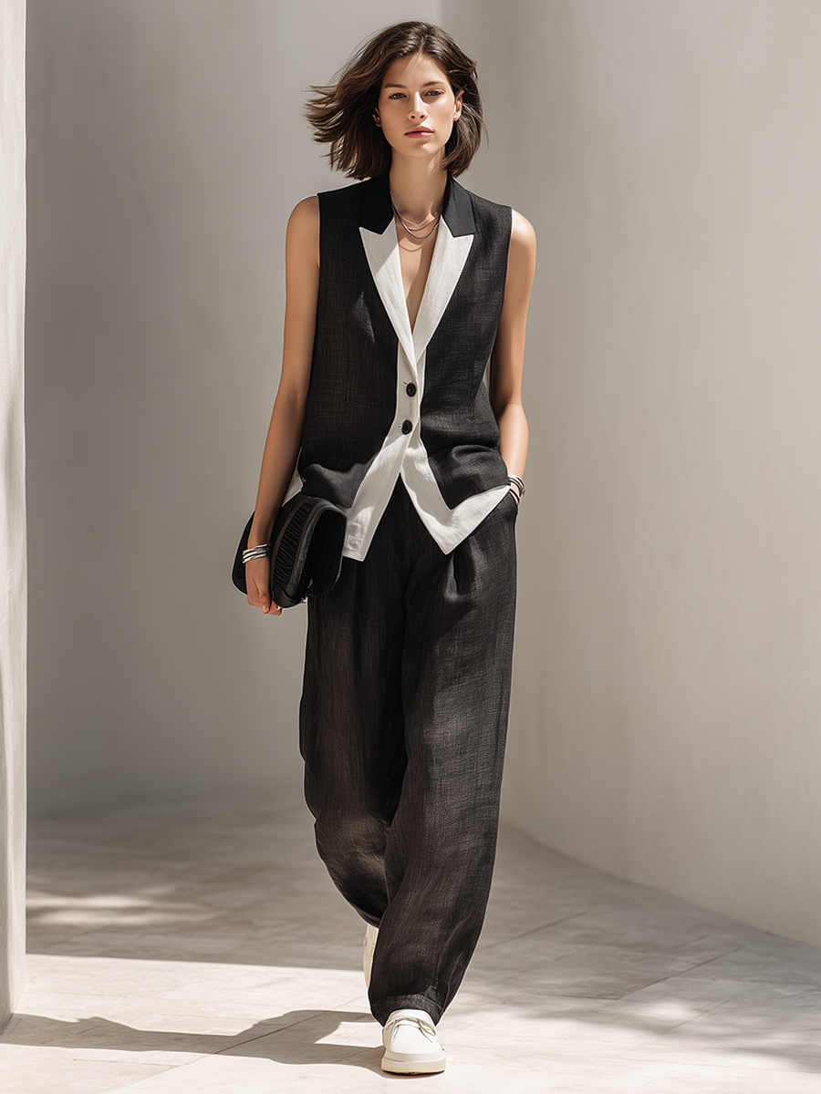 Women's Black Linen Color-Block Lapel Sleeveless Vest And Wide-Leg Pants Set MDZ1710F8ZRK