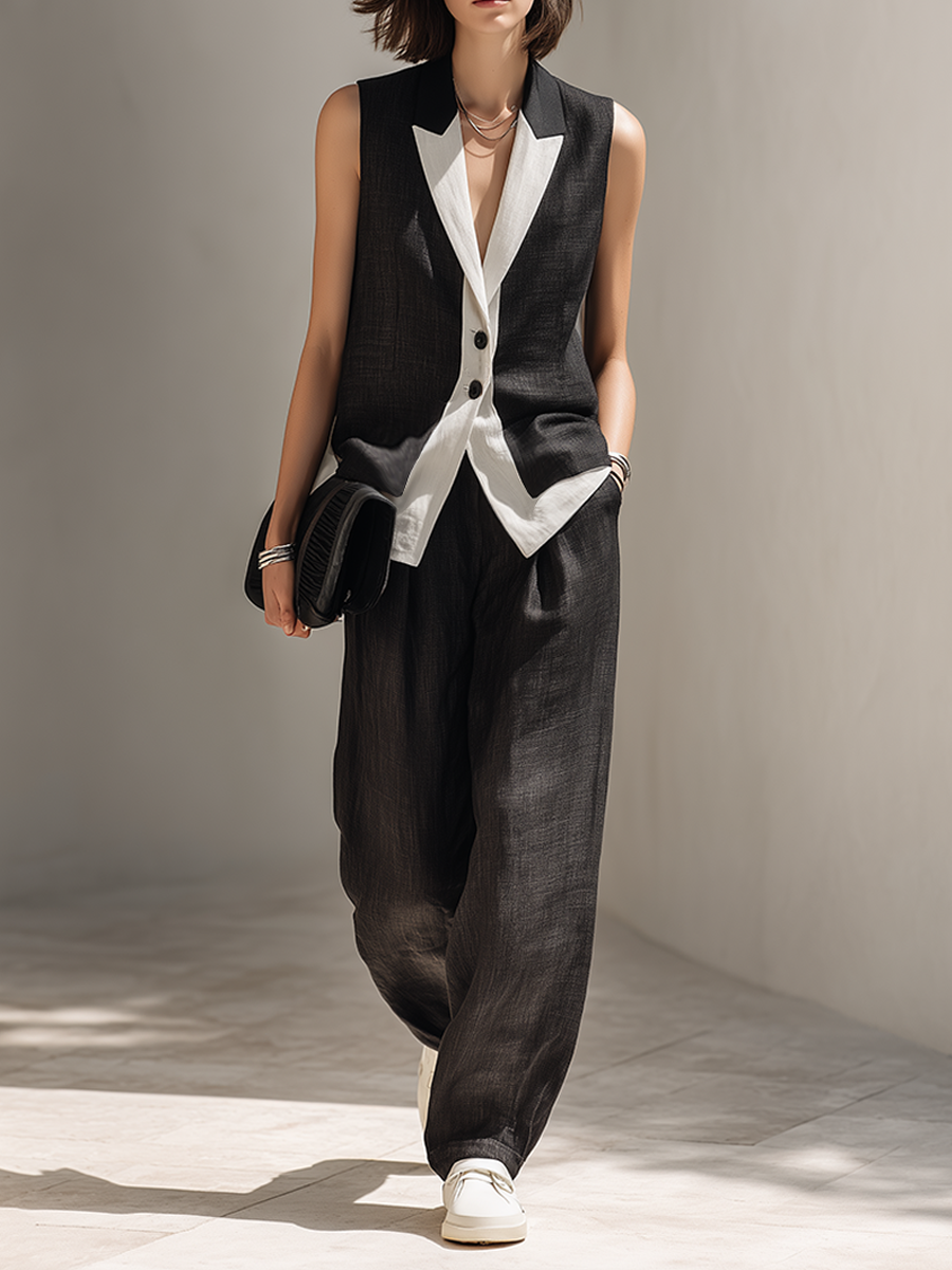 Women's Black Linen Color-Block Lapel Sleeveless Vest And Wide-Leg Pants Set MDZ1710F8ZRK