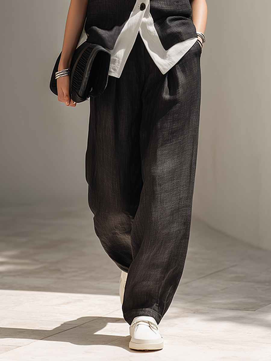 Women's Black Linen Color-Block Lapel Sleeveless Vest And Wide-Leg Pants Set MDZ1710F8ZRK