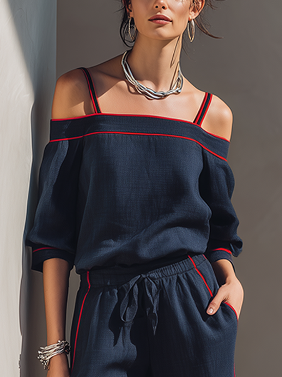 Women's Navy Linen Off-Shoulder Relaxed-Fit Top With Red Piping & Drawstring Shorts Set MDZ1710F0ZRK
