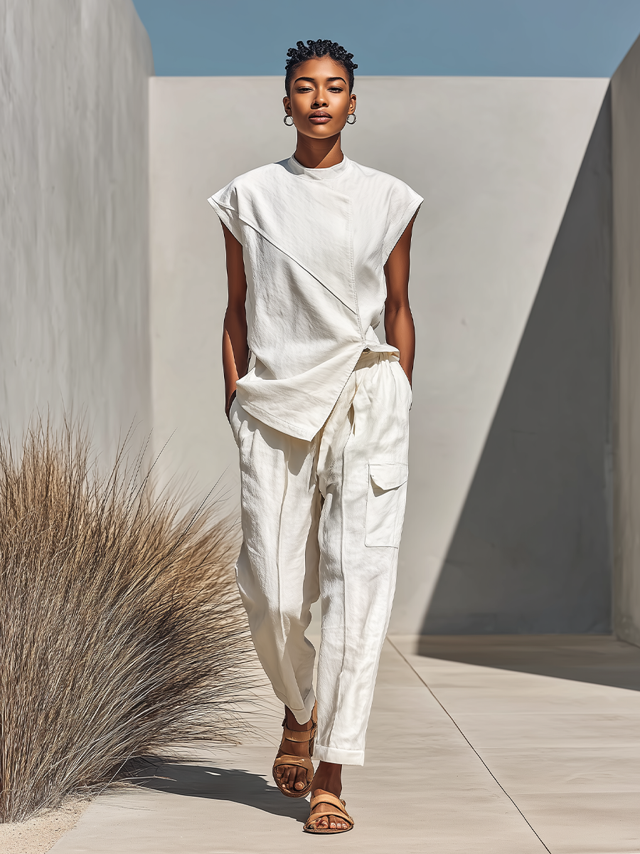 Women's Cream Flowy Cotton-Blend Matching Outfit With Diagonal Cross Front Top & Relaxed Fit Cargo Pants, Contemporary Versatile Summer Two-Piece Set MDZ1788F2LYL