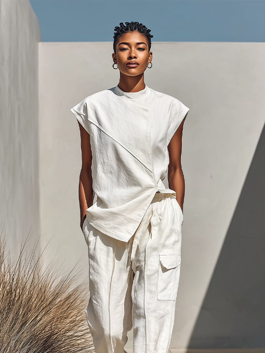 Women's Cream Flowy Cotton-Blend Matching Outfit With Diagonal Cross Front Top & Relaxed Fit Cargo Pants, Contemporary Versatile Summer Two-Piece Set MDZ1788F2LYL