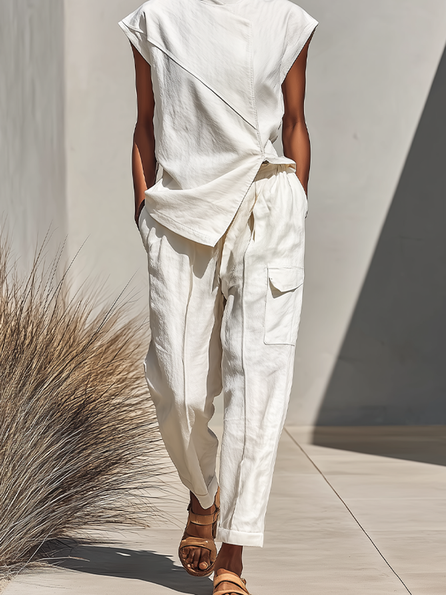 Women's Cream Flowy Cotton-Blend Matching Outfit With Diagonal Cross Front Top & Relaxed Fit Cargo Pants, Contemporary Versatile Summer Two-Piece Set MDZ1788F2LYL