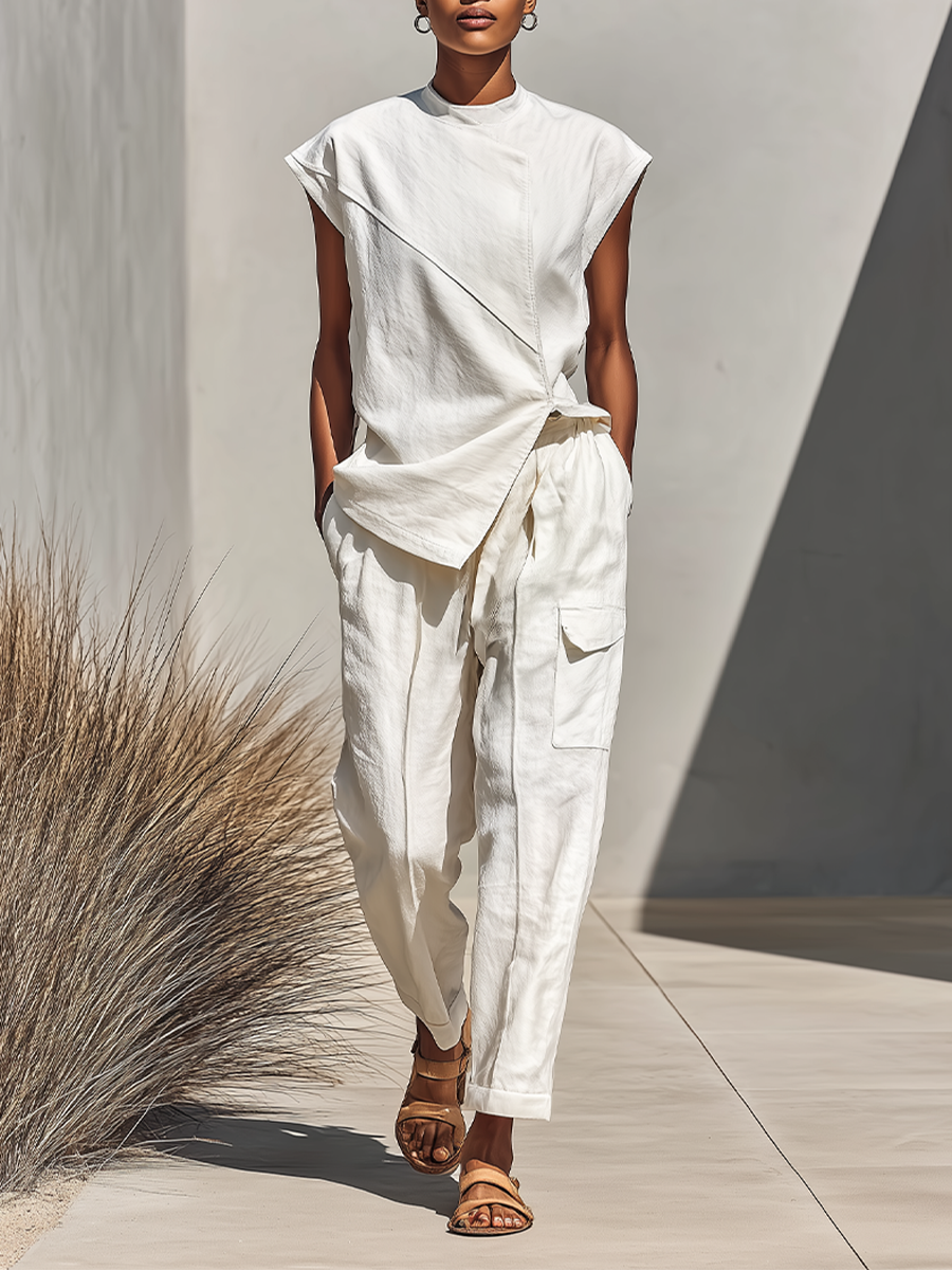Women's Cream Flowy Cotton-Blend Matching Outfit With Diagonal Cross Front Top & Relaxed Fit Cargo Pants, Contemporary Versatile Summer Two-Piece Set MDZ1788F2LYL