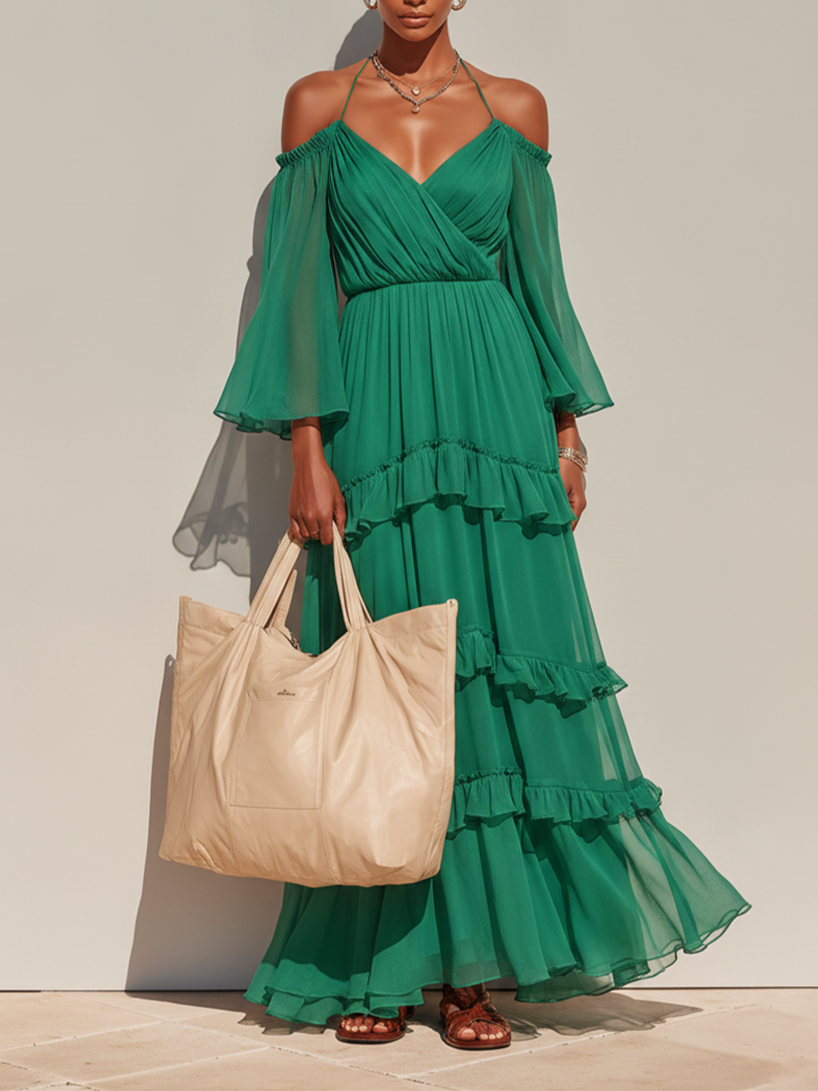 Women's Emerald Green Chiffon Maxi Dress With Off Shoulder Bell Sleeves & Tiered Ruffle Skirt, Boho Romantic Vacation Long Dress MDZ1732F9LYL