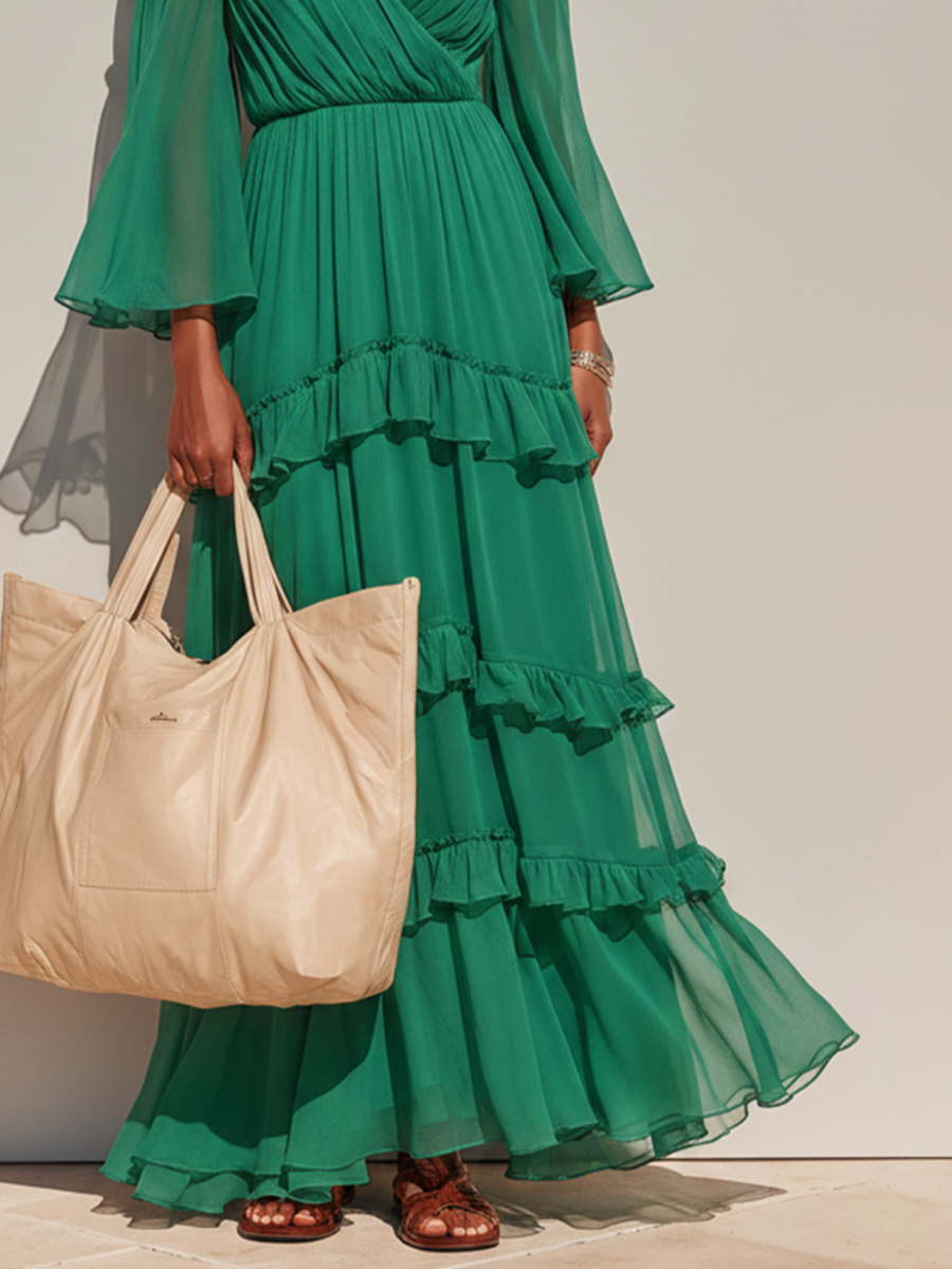 Women's Emerald Green Chiffon Maxi Dress With Off Shoulder Bell Sleeves & Tiered Ruffle Skirt, Boho Romantic Vacation Long Dress MDZ1732F9LYL
