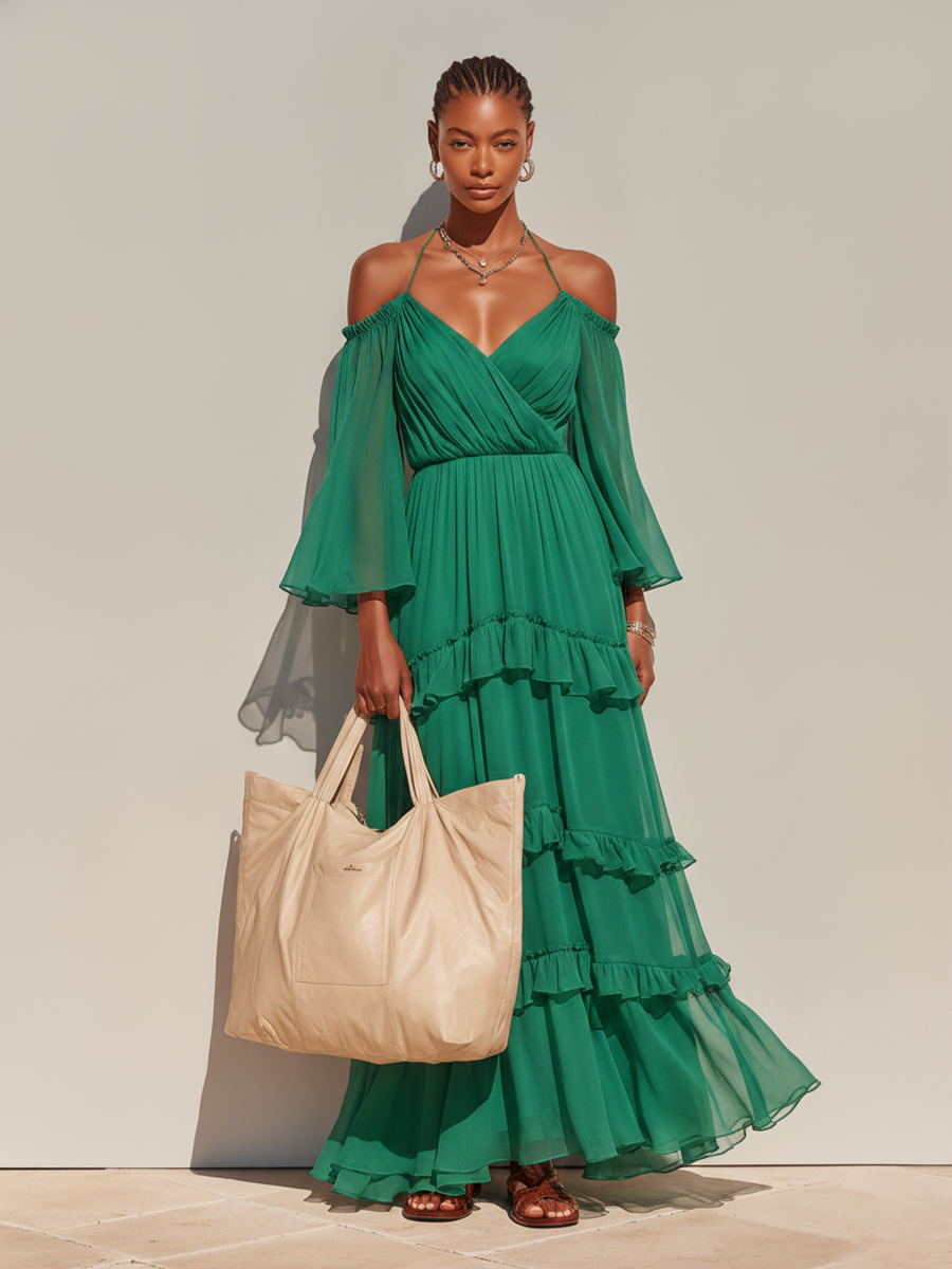 Women's Emerald Green Chiffon Maxi Dress With Off Shoulder Bell Sleeves & Tiered Ruffle Skirt, Boho Romantic Vacation Long Dress MDZ1732F9LYL