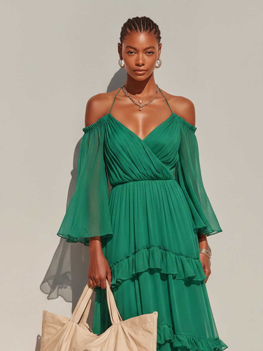 Women's Emerald Green Chiffon Maxi Dress With Off Shoulder Bell Sleeves & Tiered Ruffle Skirt, Boho Romantic Vacation Long Dress MDZ1732F9LYL