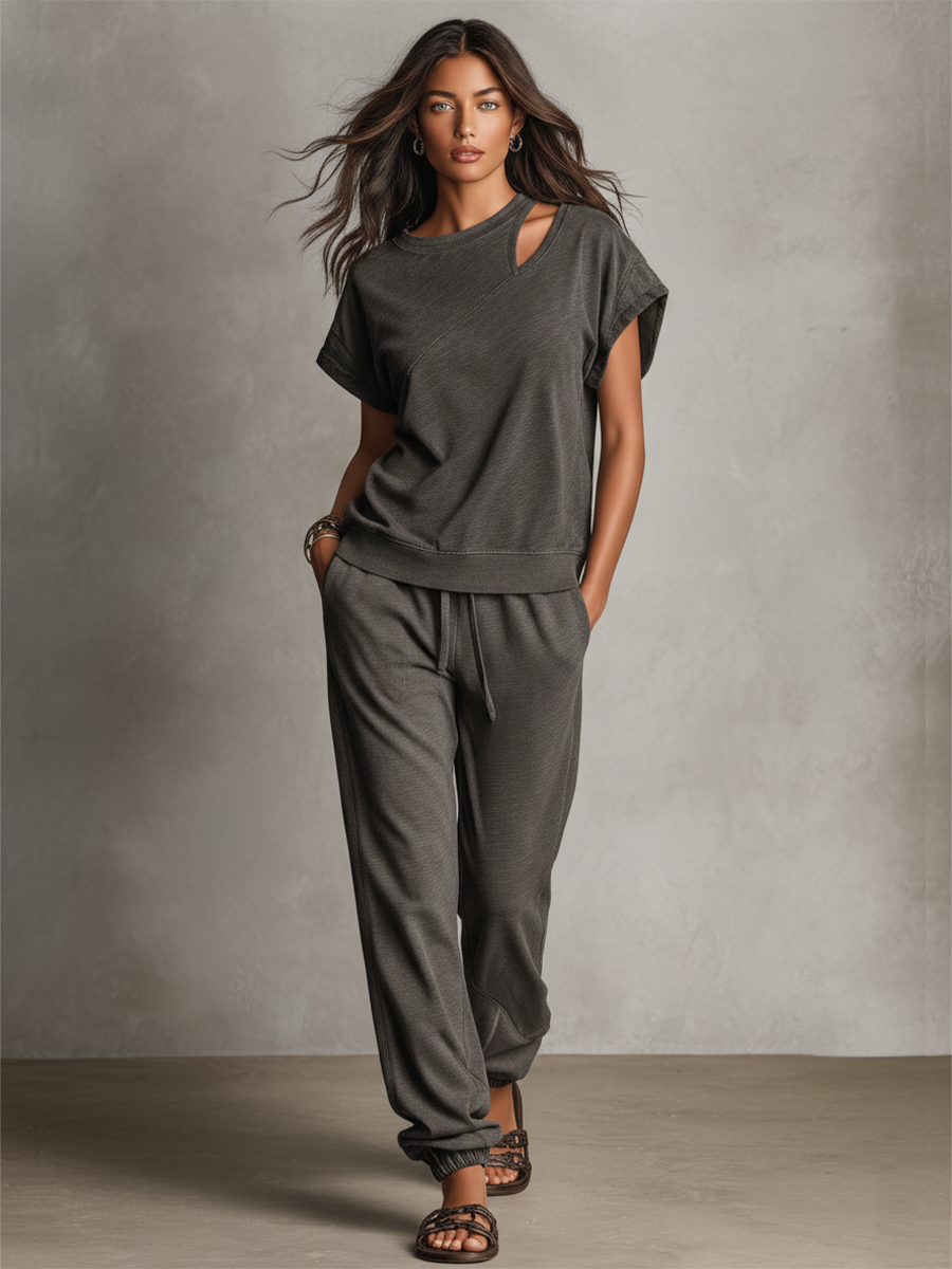 Women's Ash Grey Textured Knit Matching Outfit With Asymmetric Shoulder Hole Top & Pocket Jogger Sweatpants, Contemporary Versatile Lounge Two-Piece Set MDZ1722F2LYL