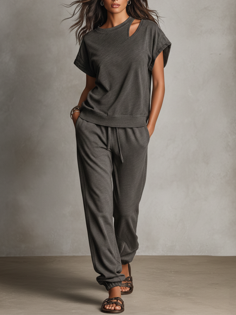 Women's Ash Grey Textured Knit Matching Outfit With Asymmetric Shoulder Hole Top & Pocket Jogger Sweatpants, Contemporary Versatile Lounge Two-Piece Set MDZ1722F2LYL
