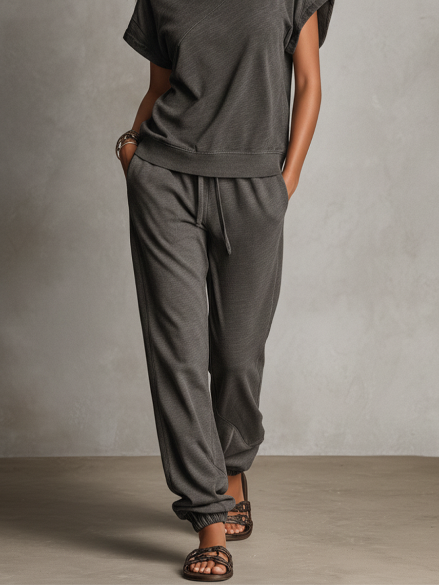 Women's Ash Grey Textured Knit Matching Outfit With Asymmetric Shoulder Hole Top & Pocket Jogger Sweatpants, Contemporary Versatile Lounge Two-Piece Set MDZ1722F2LYL