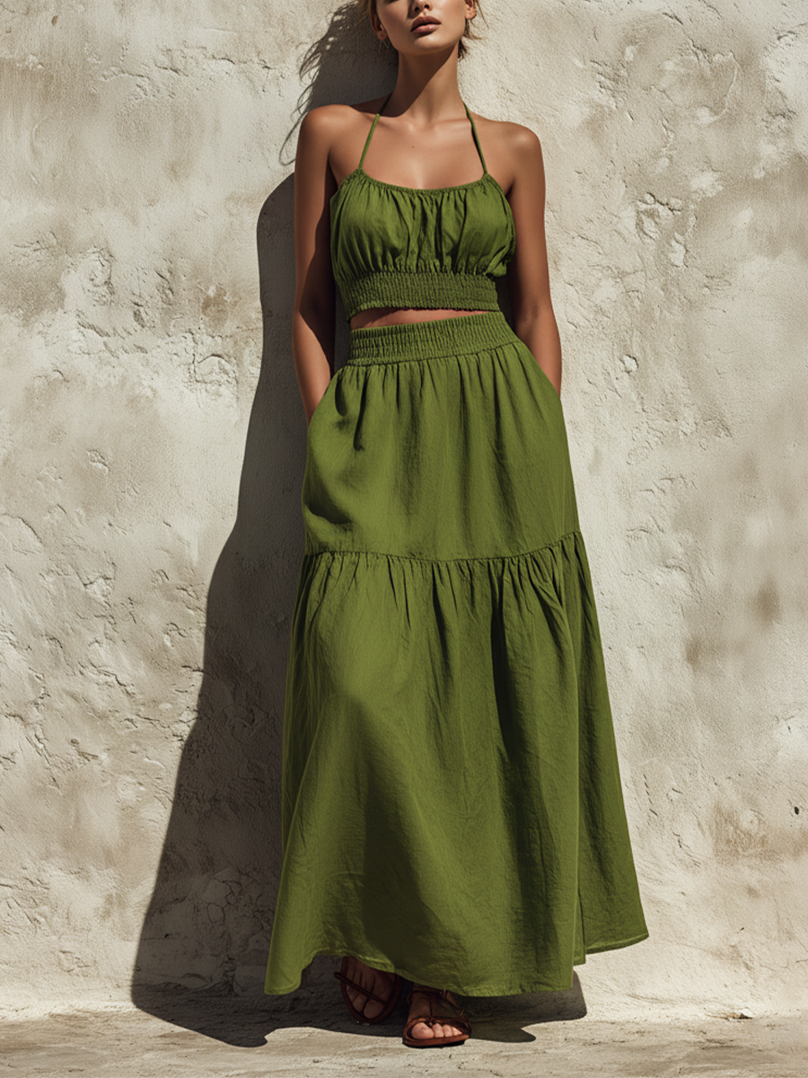 Women’s Olive Green Spaghetti Strap Smocked Crop Cami Top & Elastic Waist Tiered Maxi Skirt Two-Piece Set With Side Pockets MDZ1796F2T
