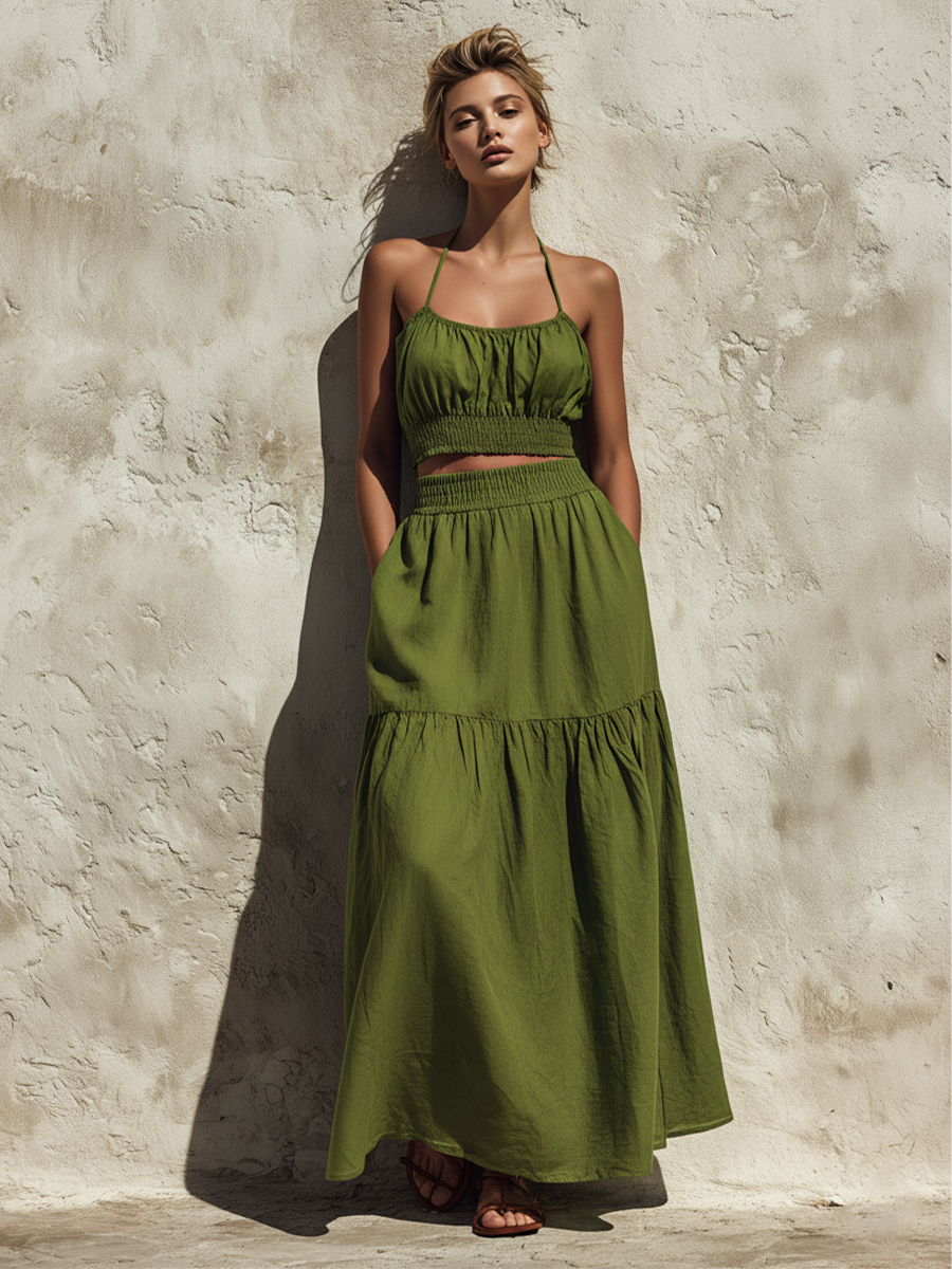 Women’s Olive Green Spaghetti Strap Smocked Crop Cami Top & Elastic Waist Tiered Maxi Skirt Two-Piece Set With Side Pockets MDZ1796F2T