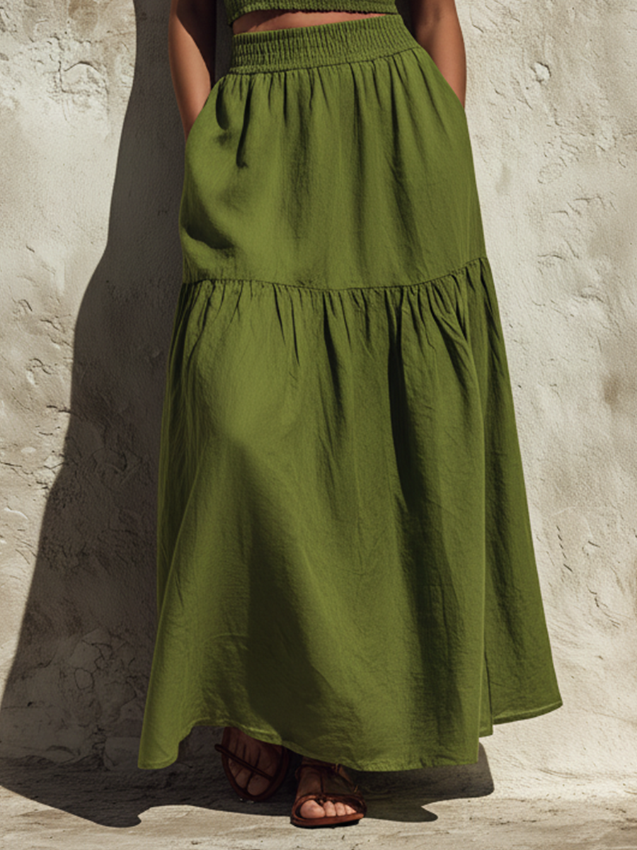 Women’s Olive Green Spaghetti Strap Smocked Crop Cami Top & Elastic Waist Tiered Maxi Skirt Two-Piece Set With Side Pockets MDZ1796F2T