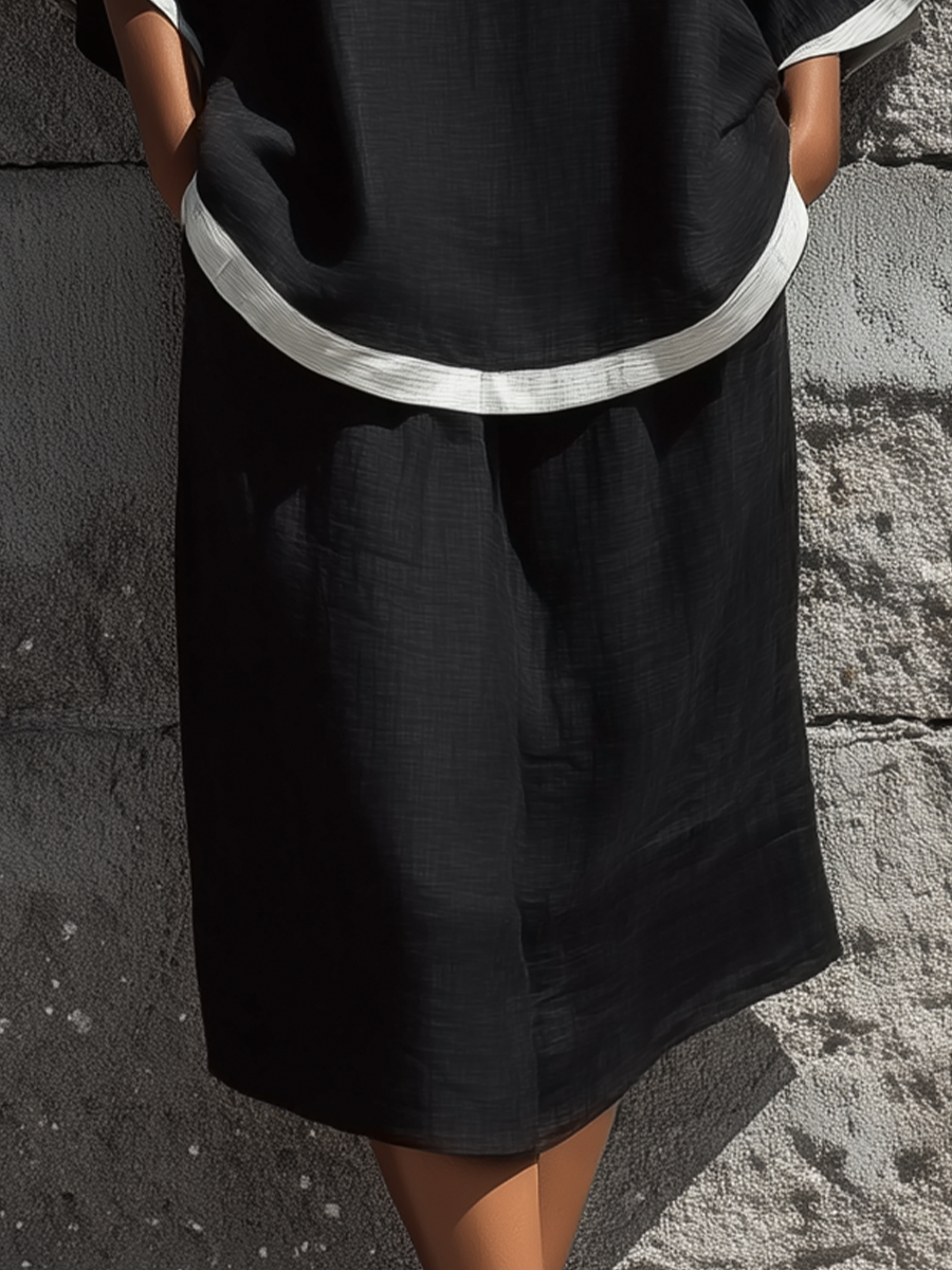 Women’s Black Linen Contrast White Piping Boat Neck Batwing Short Sleeve Top & Midi Skirt Two-Piece Set With Side Pockets MDZ1790F2T