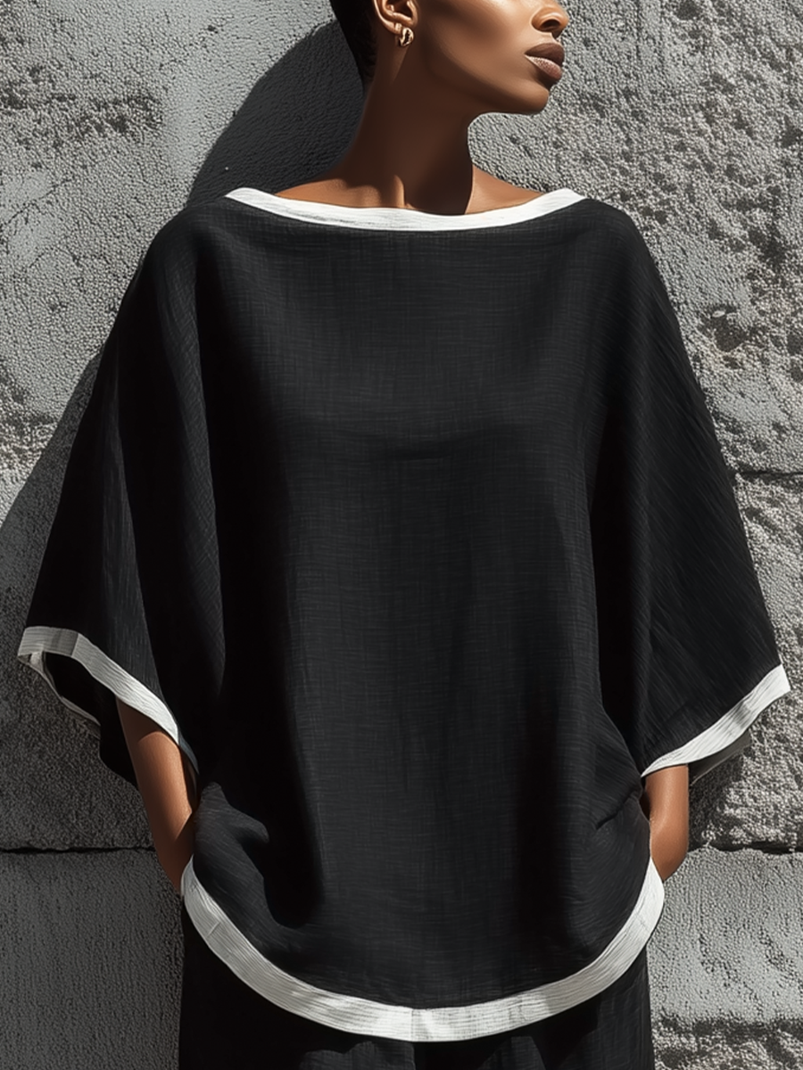 Women’s Black Linen Contrast White Piping Boat Neck Batwing Short Sleeve Top & Midi Skirt Two-Piece Set With Side Pockets MDZ1790F2T