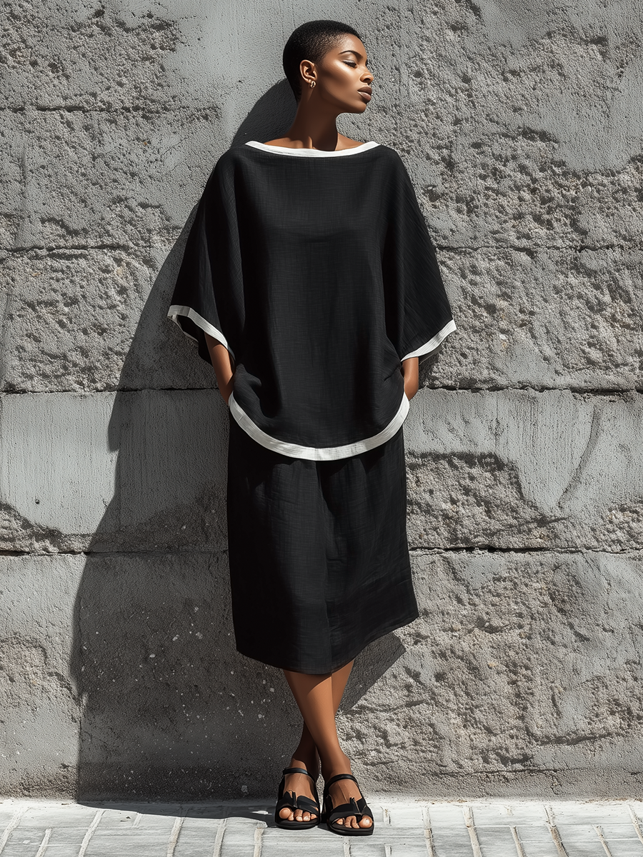 Women’s Black Linen Contrast White Piping Boat Neck Batwing Short Sleeve Top & Midi Skirt Two-Piece Set With Side Pockets MDZ1790F2T