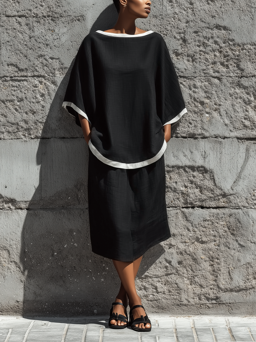 Women’s Black Linen Contrast White Piping Boat Neck Batwing Short Sleeve Top & Midi Skirt Two-Piece Set With Side Pockets MDZ1790F2T