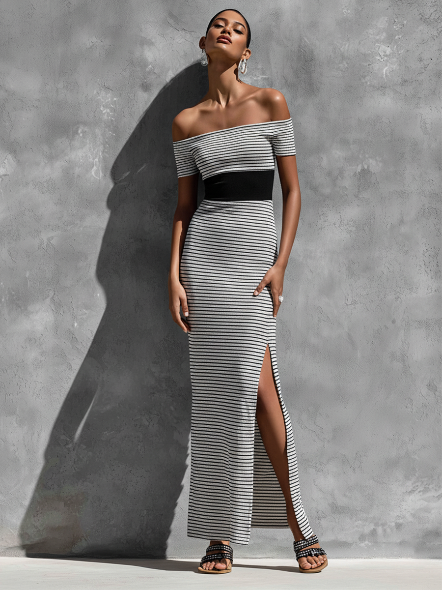 Women’s Black White Stripe Off The Shoulder Short Sleeve Color Block Waist High Slit Bodycon Maxi Dress MDZ1725F5T