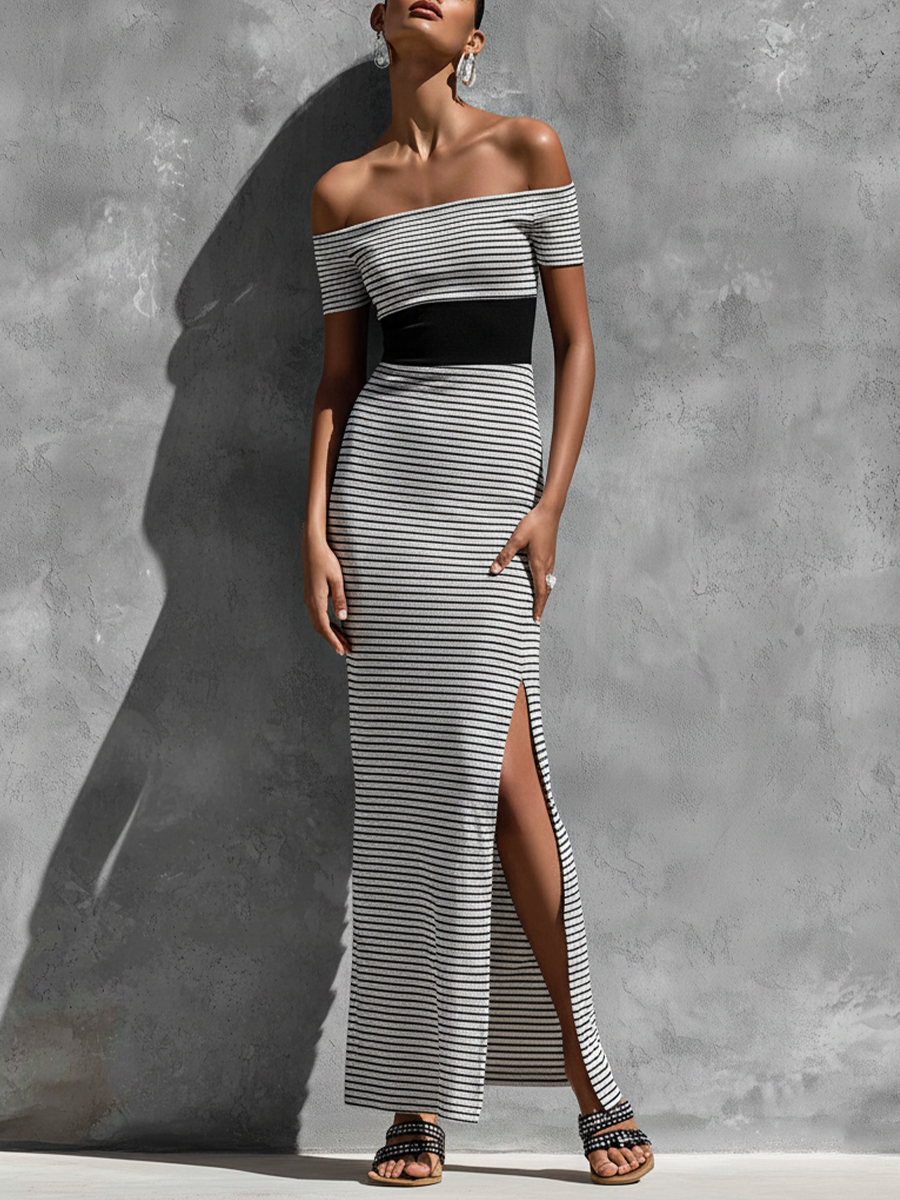 Women’s Black White Stripe Off The Shoulder Short Sleeve Color Block Waist High Slit Bodycon Maxi Dress MDZ1725F5T