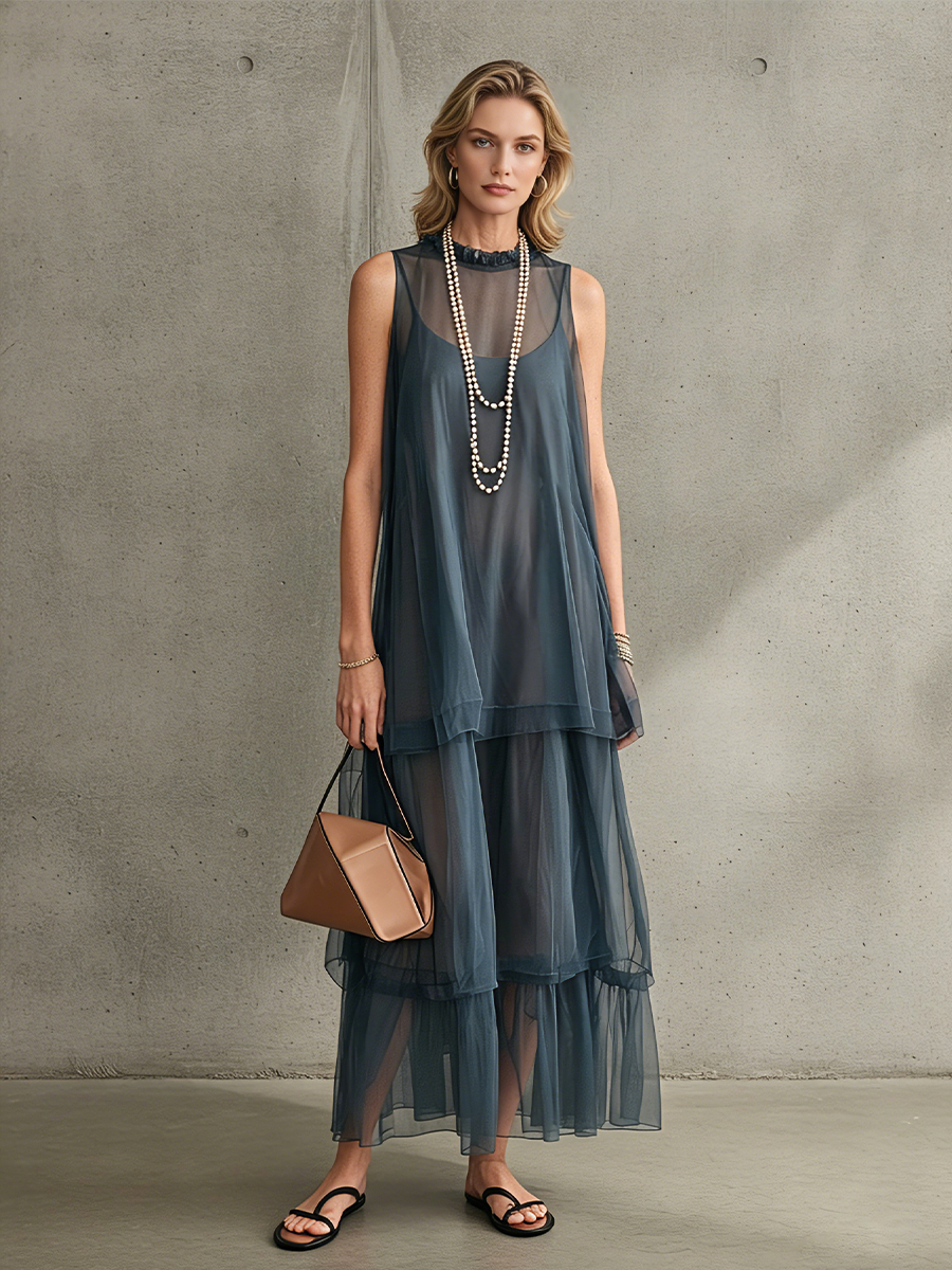 Women’s Dusty Blue Elegant Two Layer Chiffon Sleeveless High Neck Flowy Maxi Dress With Matching Slip Dress MDZ1727F5T