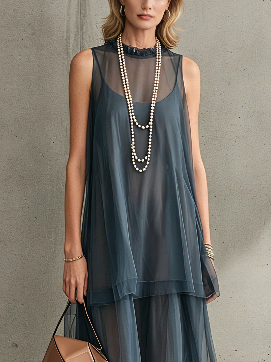 Women’s Dusty Blue Elegant Two Layer Chiffon Sleeveless High Neck Flowy Maxi Dress With Matching Slip Dress MDZ1727F5T