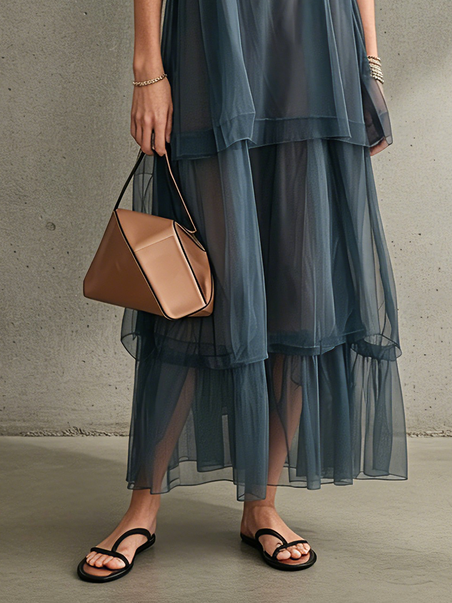 Women’s Dusty Blue Elegant Two Layer Chiffon Sleeveless High Neck Flowy Maxi Dress With Matching Slip Dress MDZ1727F5T