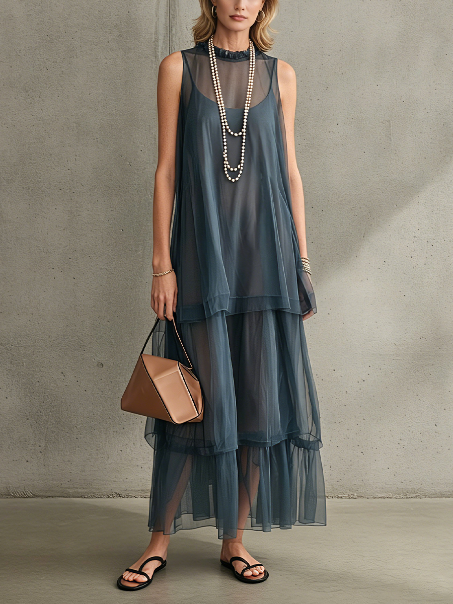 Women’s Dusty Blue Elegant Two Layer Chiffon Sleeveless High Neck Flowy Maxi Dress With Matching Slip Dress MDZ1727F5T