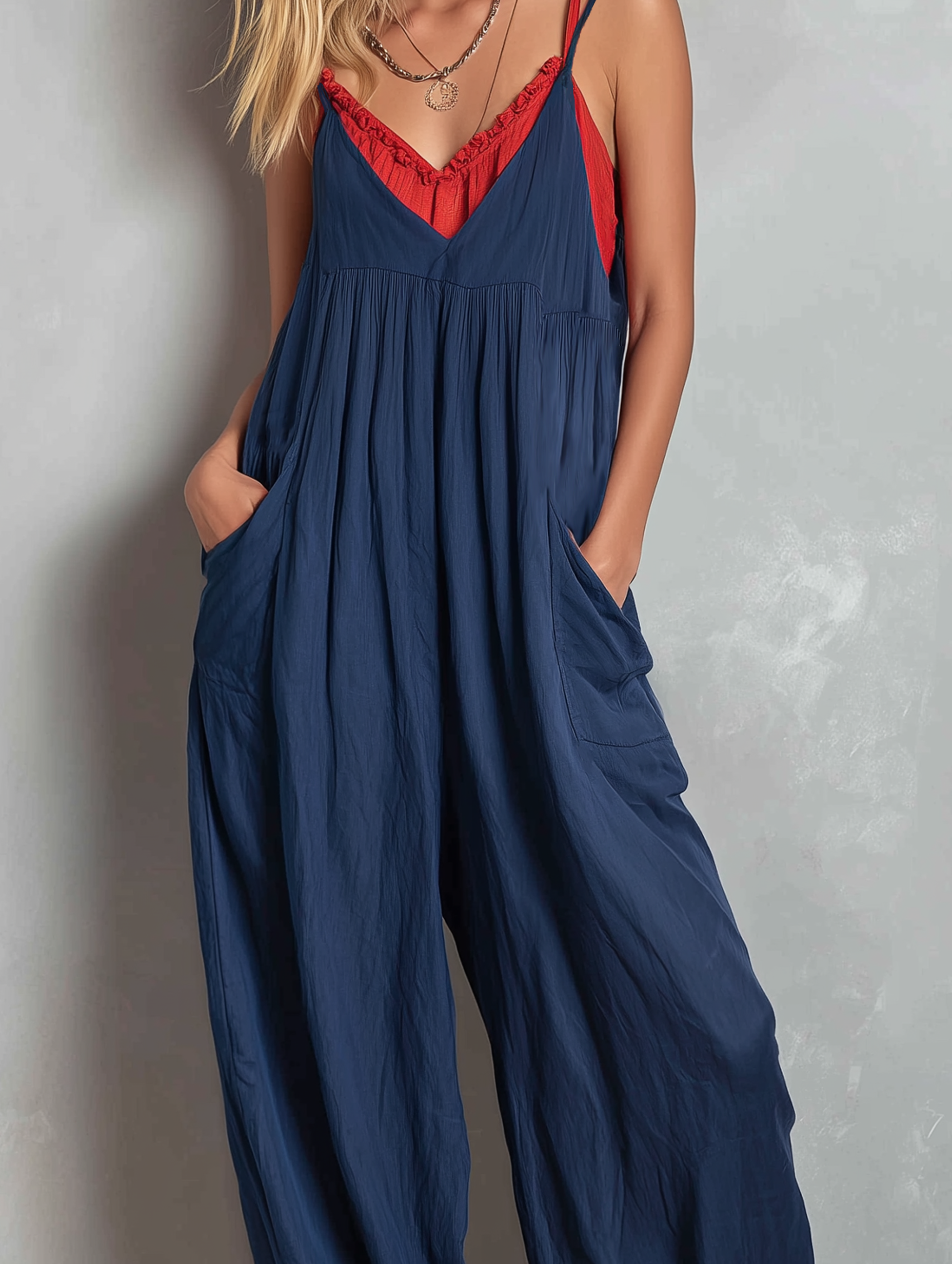Women's Casual Dark Blue Cotton-linen Sleeveless Jumpsuit With Straps (includes Red Straps) MDZ1779F0LXY