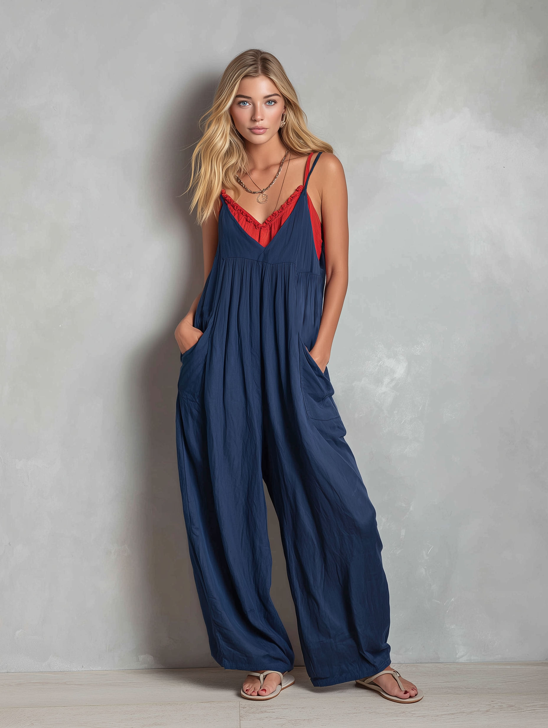 Women's Casual Dark Blue Cotton-linen Sleeveless Jumpsuit With Straps (includes Red Straps) MDZ1779F0LXY