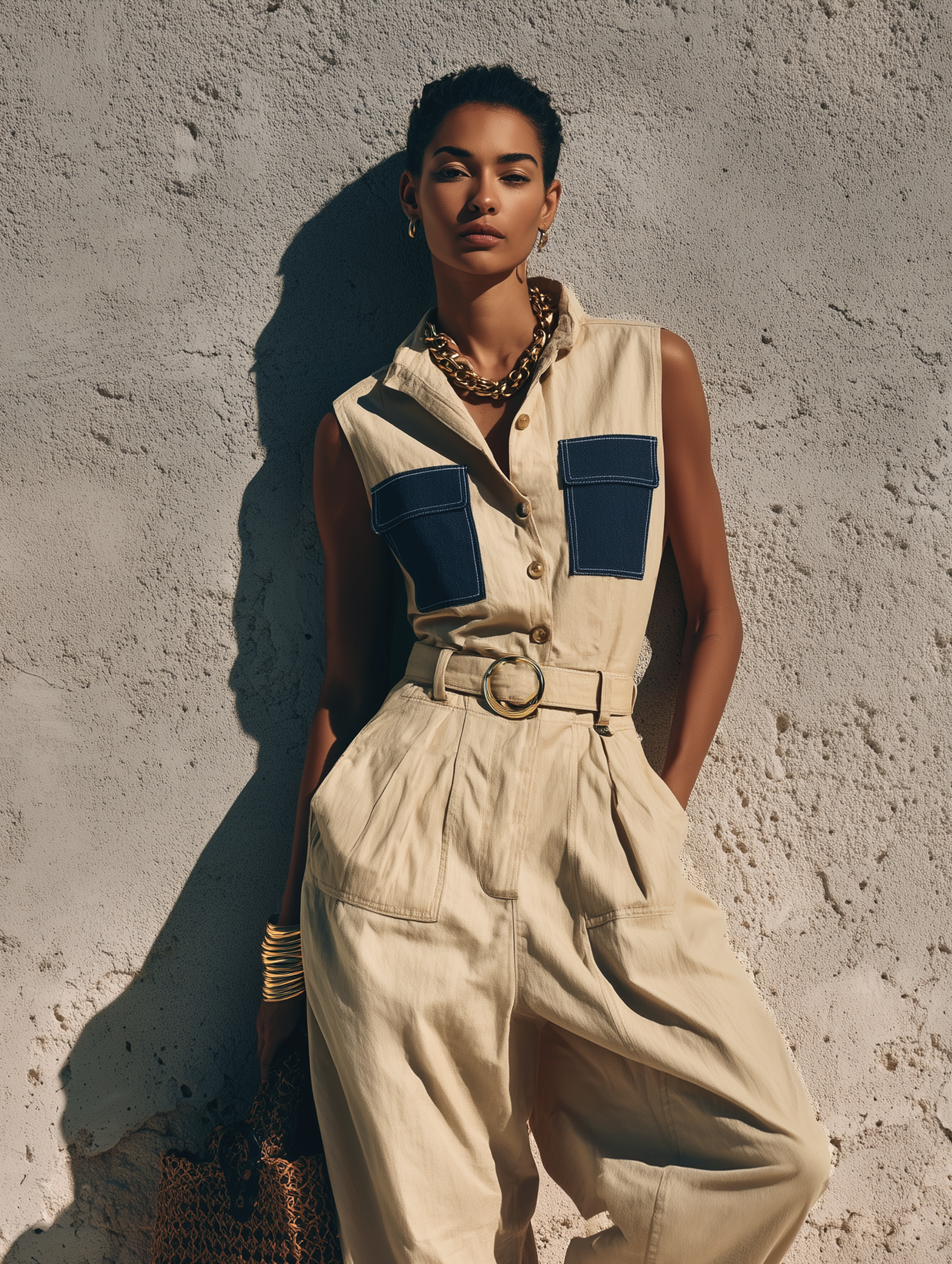 Women's Casual Khaki Cotton-linen Sleeveless Jumpsuit With Collar And Belt MDZ1795F7LXY