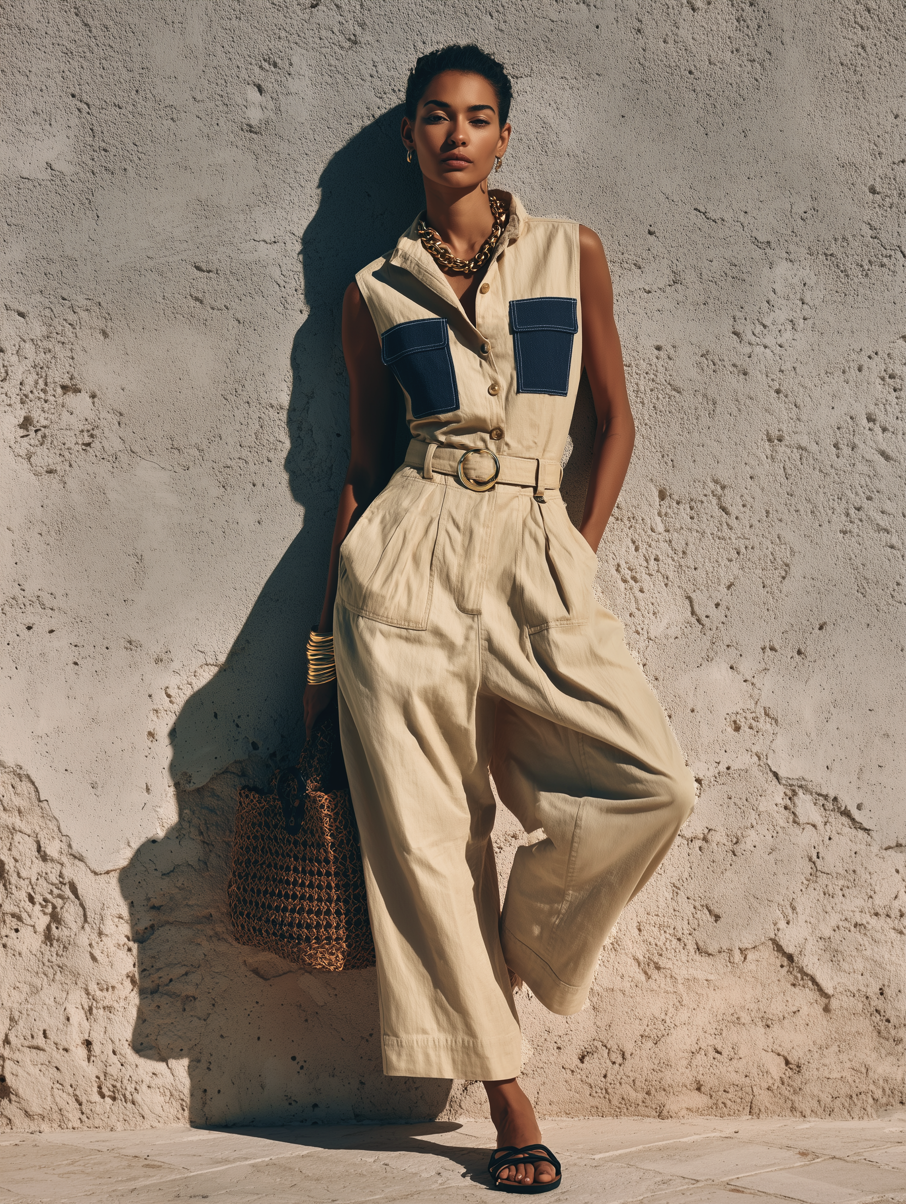Women's Casual Khaki Cotton-linen Sleeveless Jumpsuit With Collar And Belt MDZ1795F7LXY
