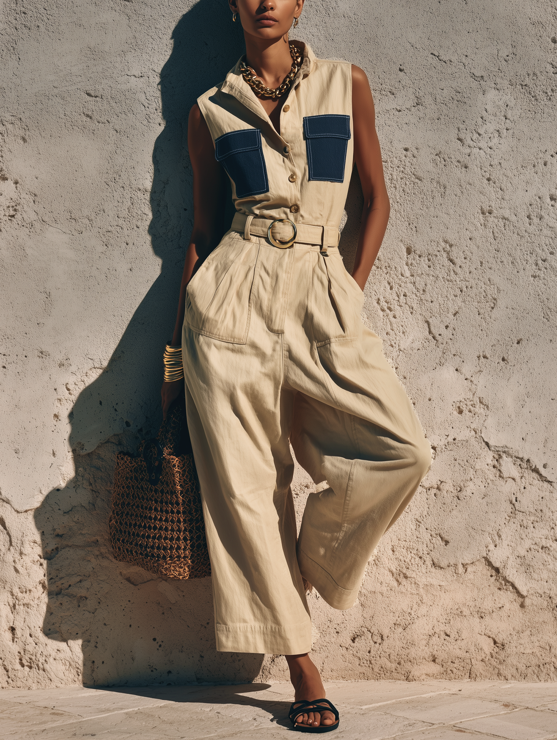 Women's Casual Khaki Cotton-linen Sleeveless Jumpsuit With Collar And Belt MDZ1795F7LXY