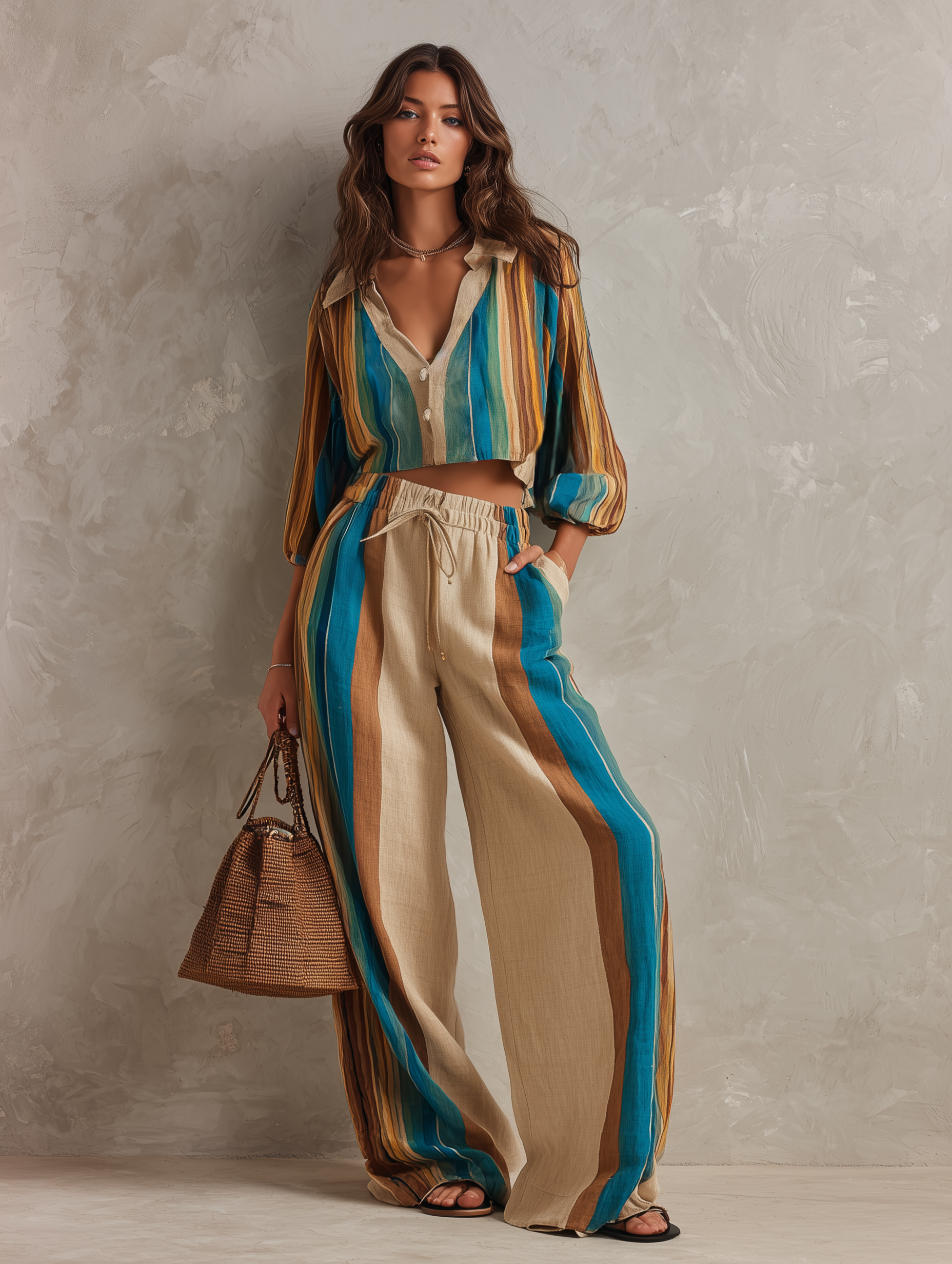 Women's Casual Long-sleeve V-neck Woven Top With Colorful Stripe Print, Paired With Trousers MDZ1729F3LXY