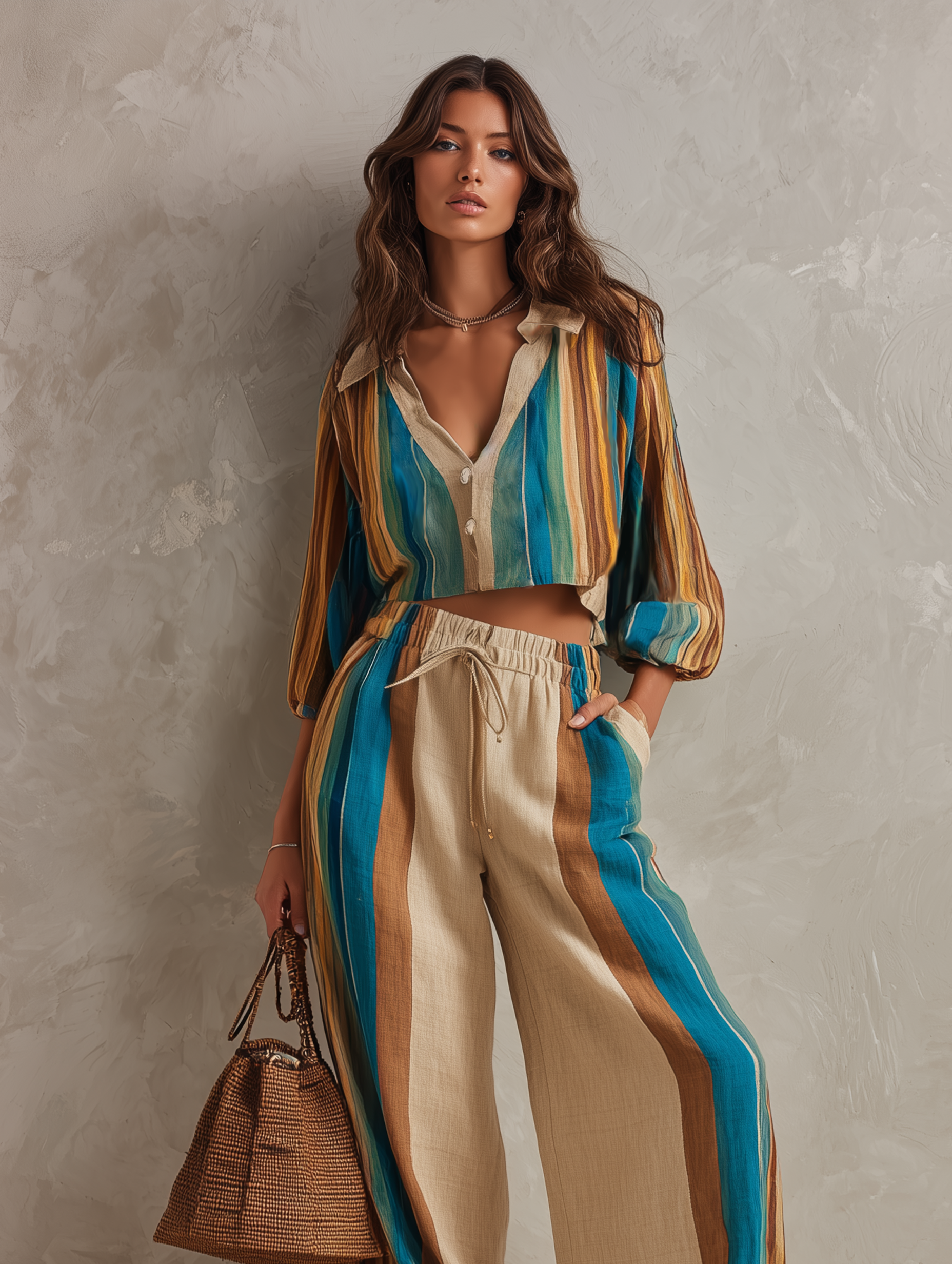 Women's Casual Long-sleeve V-neck Woven Top With Colorful Stripe Print, Paired With Trousers MDZ1729F3LXY