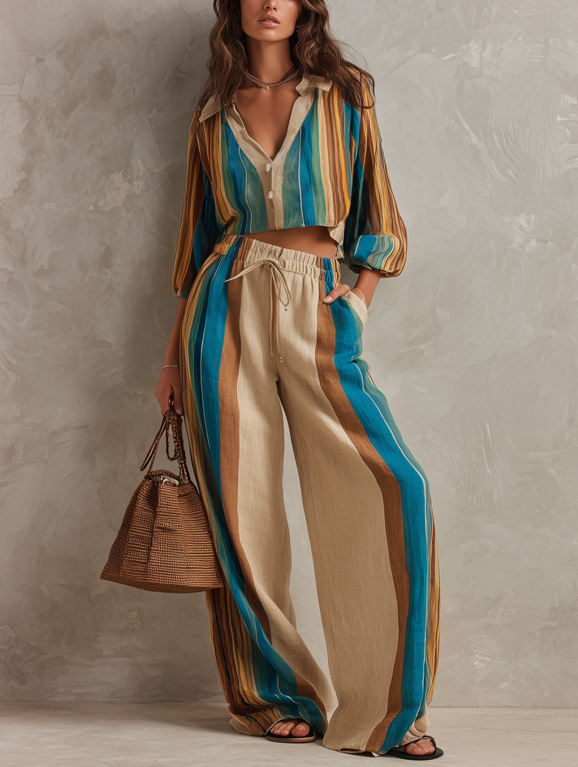 Women's Casual Long-sleeve V-neck Woven Top With Colorful Stripe Print, Paired With Trousers MDZ1729F3LXY