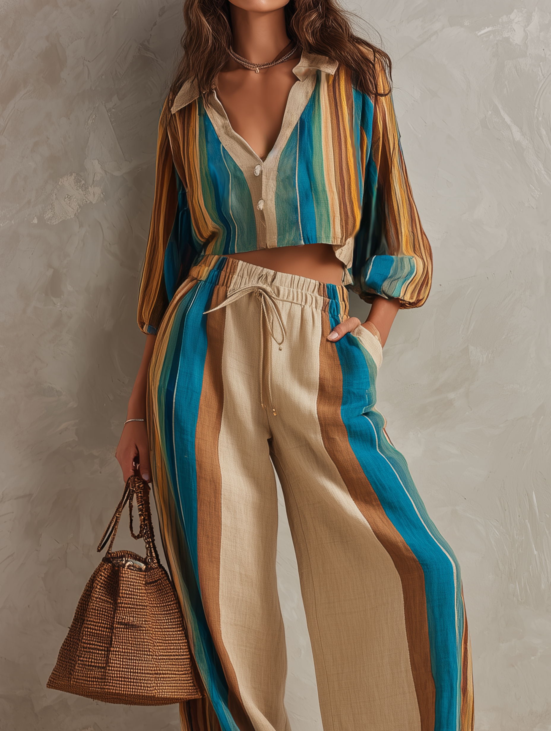 Women's Casual Long-sleeve V-neck Woven Top With Colorful Stripe Print, Paired With Trousers MDZ1729F3LXY