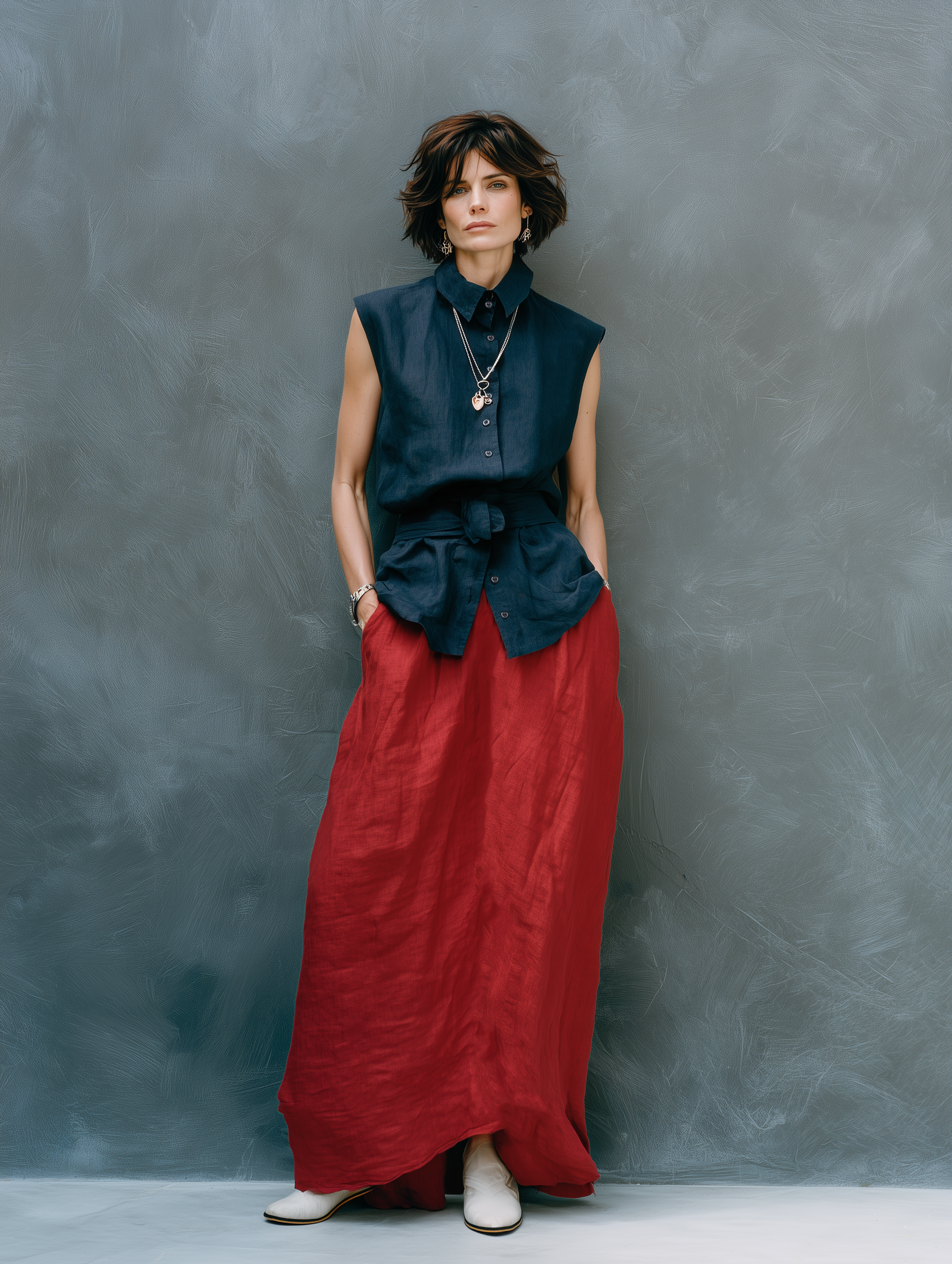 Women's Minimalist Linen-Blend Sleeveless Single-Breasted Belted Shirt And Red Skirt Set MDZ1852F6WY