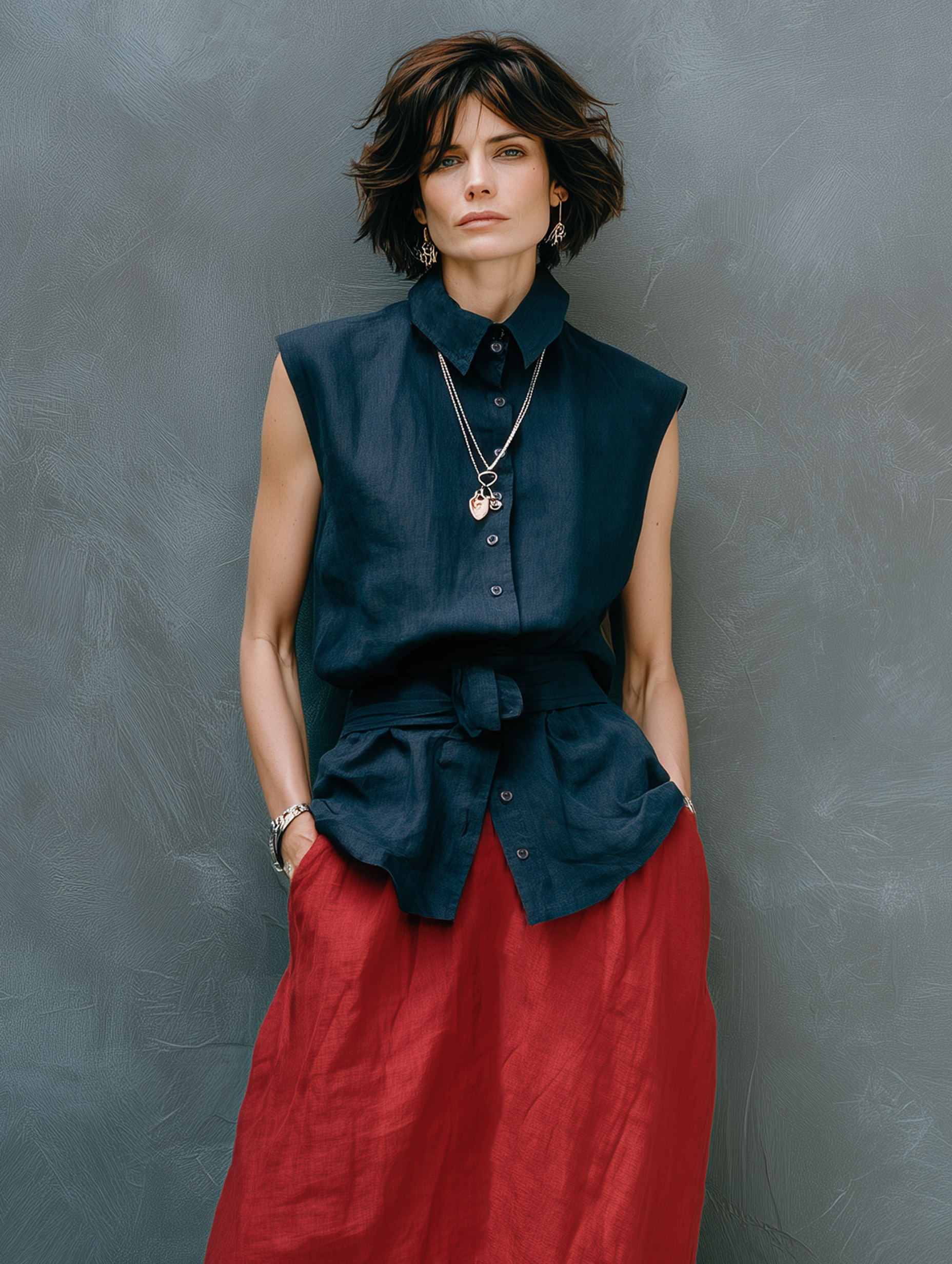Women's Minimalist Linen-Blend Sleeveless Single-Breasted Belted Shirt And Red Skirt Set MDZ1852F6WY