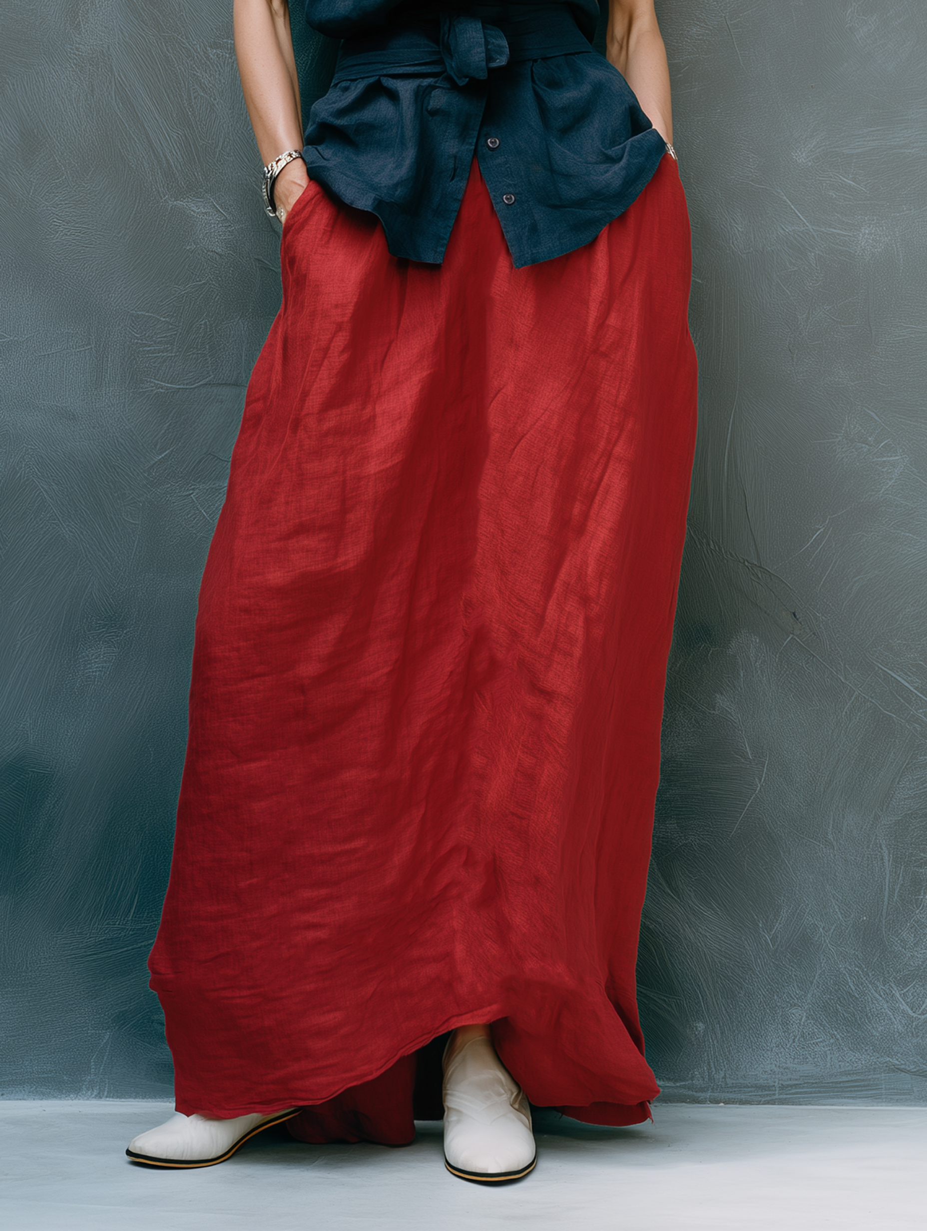 Women's Minimalist Linen-Blend Sleeveless Single-Breasted Belted Shirt And Red Skirt Set MDZ1852F6WY