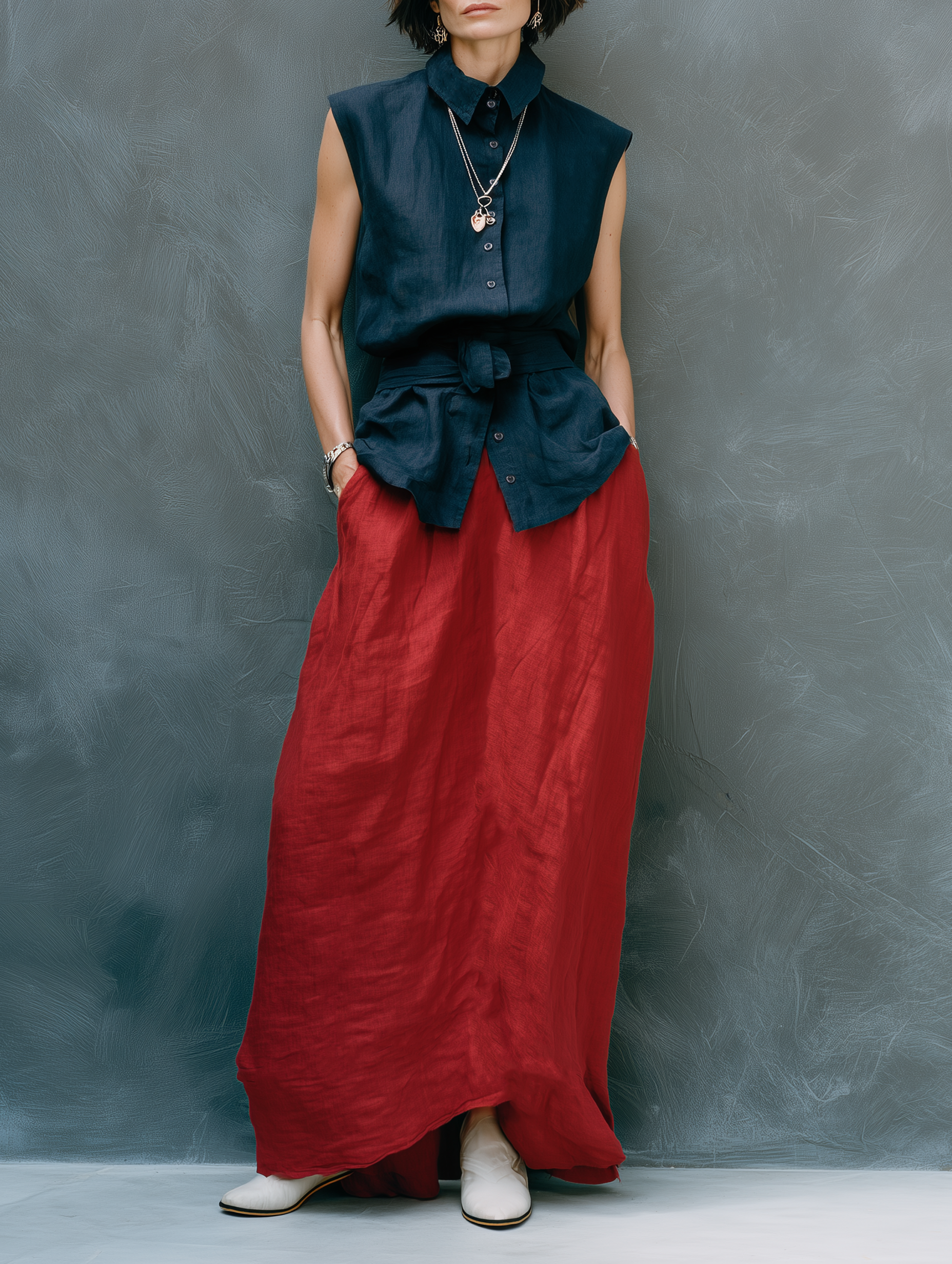 Women's Minimalist Linen-Blend Sleeveless Single-Breasted Belted Shirt And Red Skirt Set MDZ1852F6WY