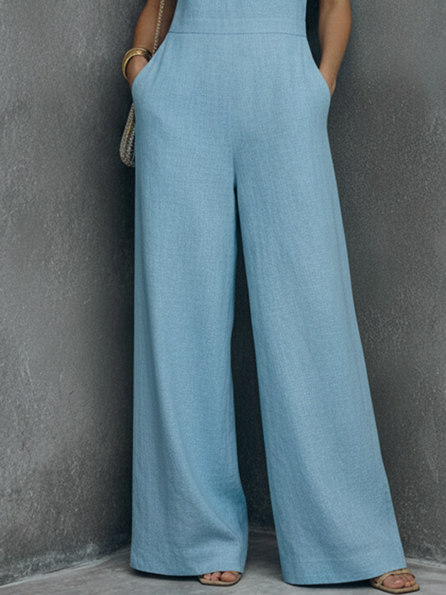 Women's Simple Light Blue Linen Cotton Round Neck Hollow-Out Zipper Pocket Sleeveless Wide-Leg Jumpsuit MDZ1707F6GMJ